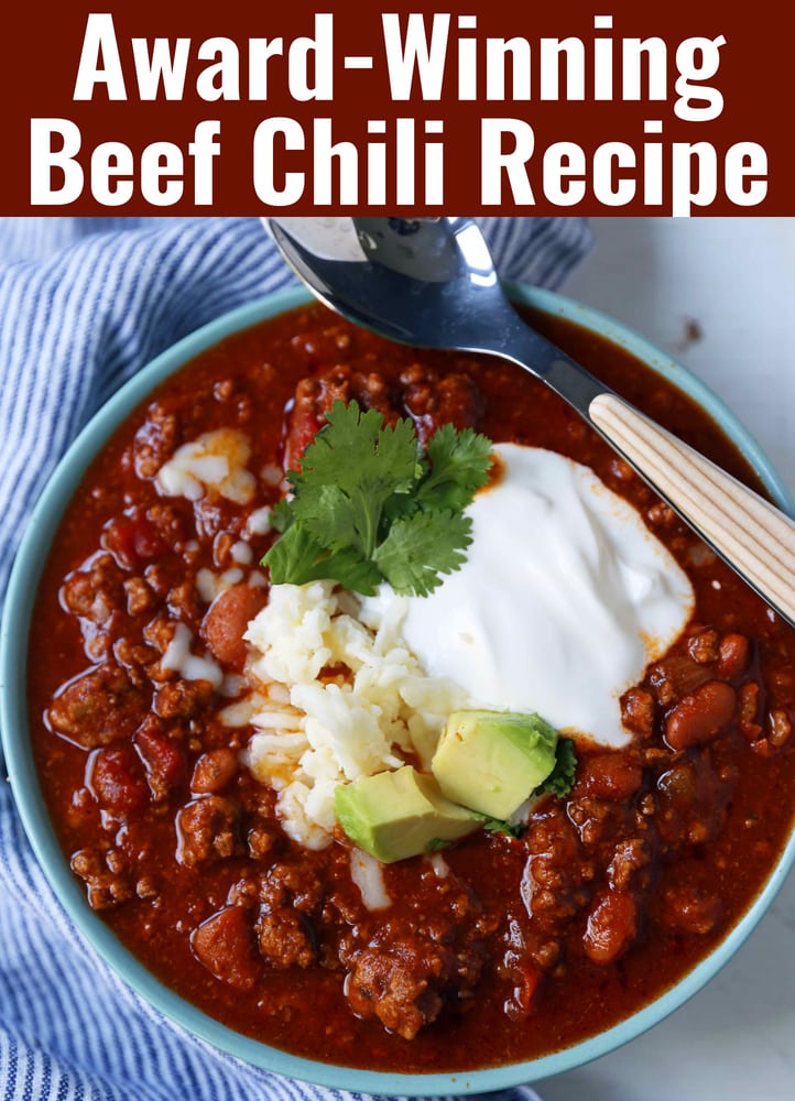 Award-Winning Beef Chili Recipe. Chili Cook-Off Winning Recipe. Beef Chili with secret ingredients. The BEST Beef Chili Recipe. #chili #beefchili #chilicookoff #awardwinningchili