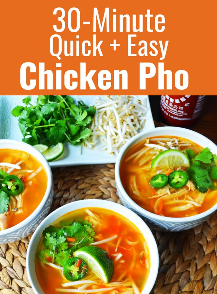 30-minute Chicken Pho Recipe. How to make quick and easy pho. An easy Vietnamese chicken soup that is healthy and delicious! www.modernhoney.com #pho #chickenpho