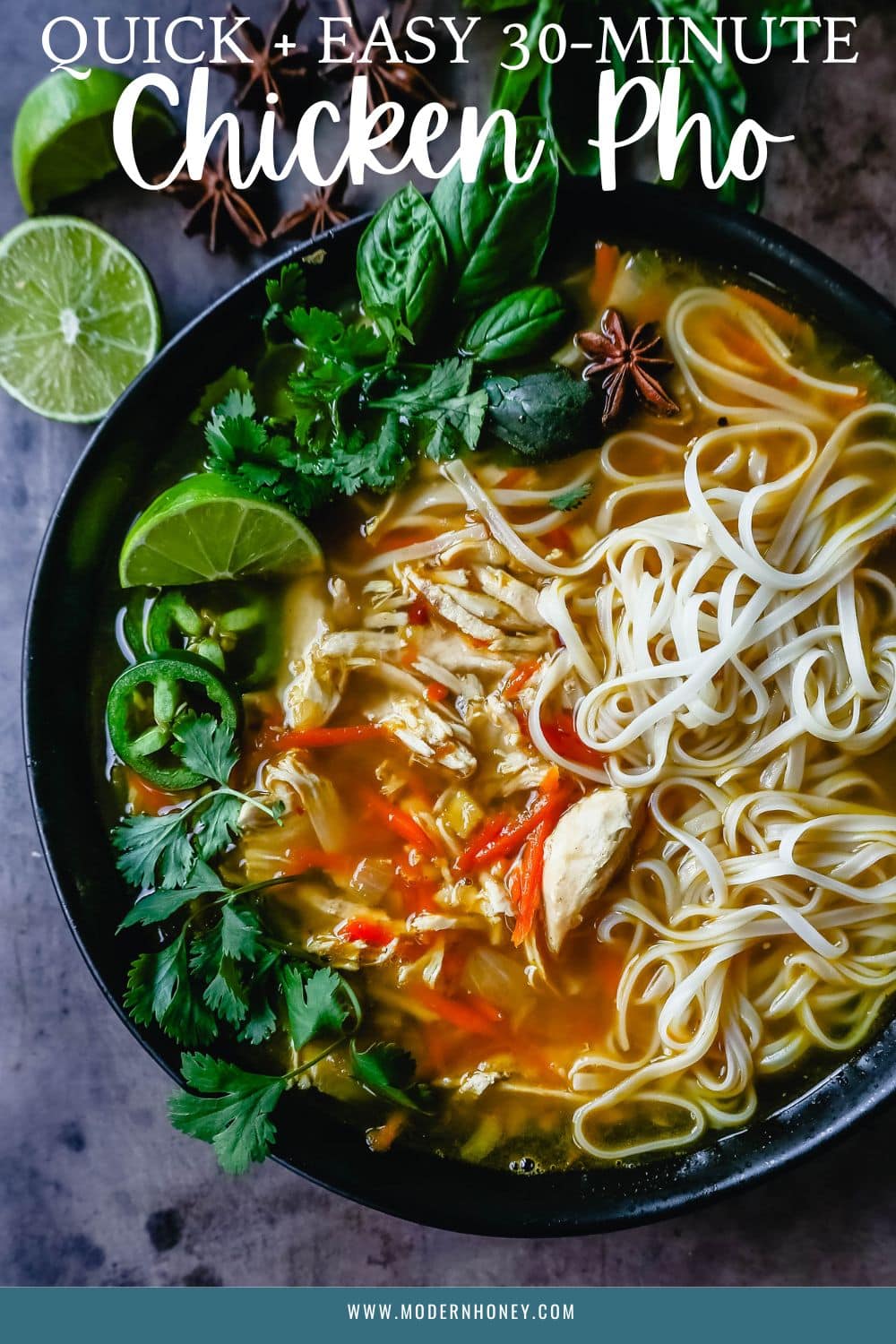 A quick and easy Vietnamese chicken pho recipe made in less than 30 minutes. All of the flavor, without all of the work!