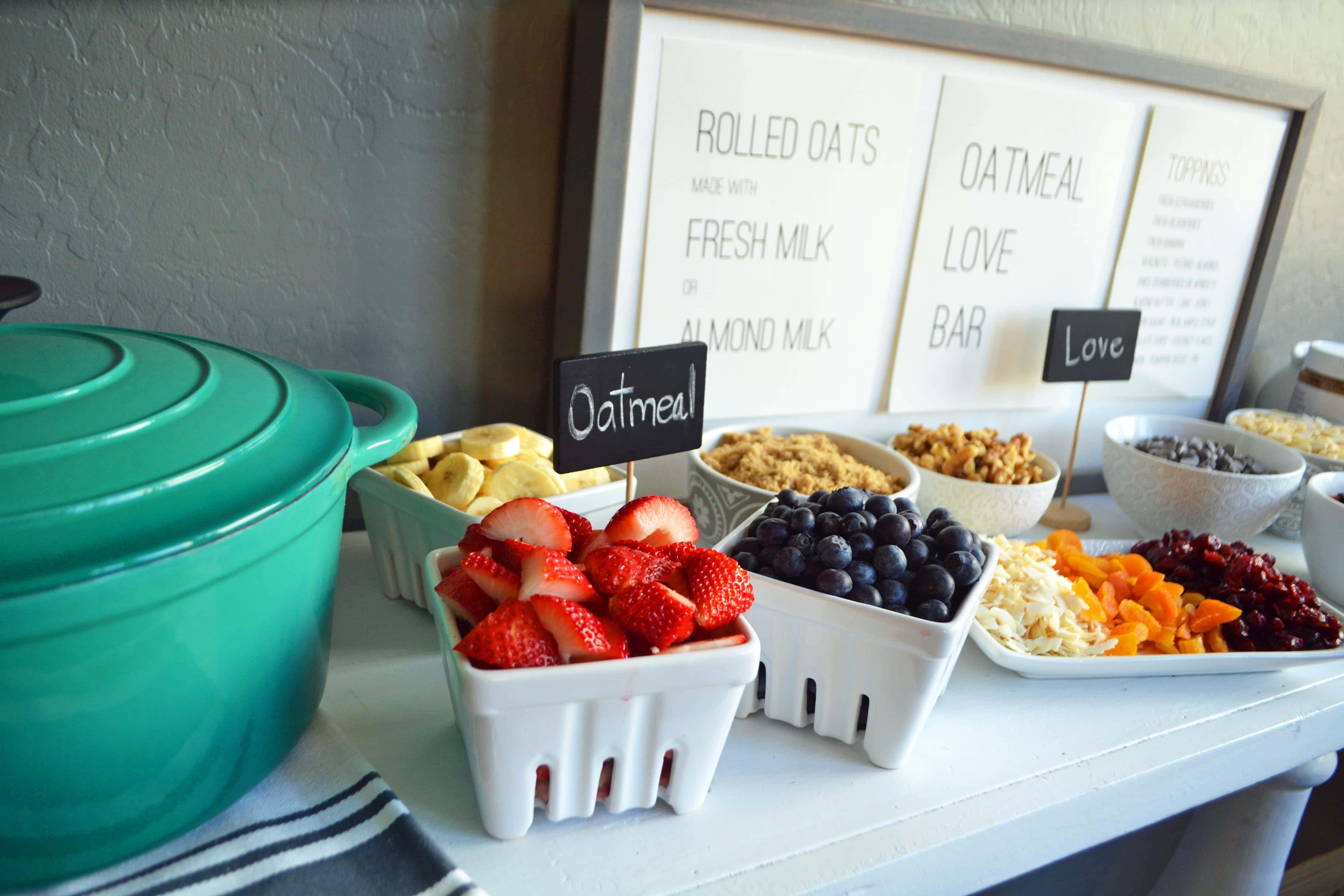 The Oatmeal Love Toppings Bar by Modern Honey creates an ultimate oatmeal experience for your next brunch. www.modernhoney.com