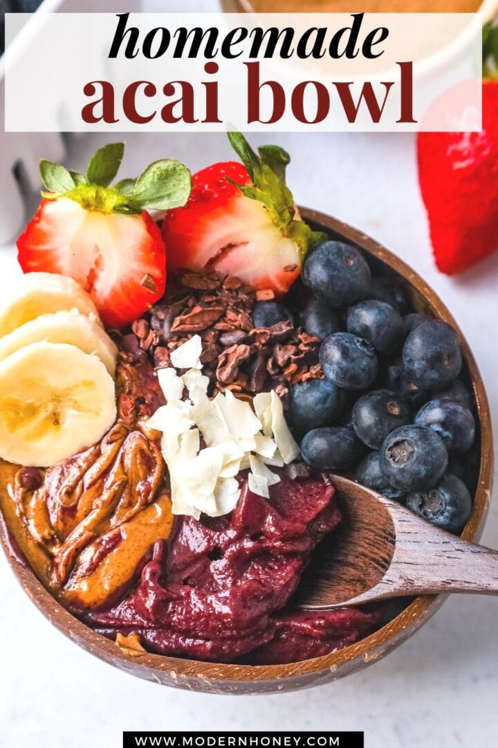 Acai Smoothie Bowl is made with a Brazilian berry mixed with frozen fruits and topped with fresh fruit and granola. How to make the popular acai smoothie bowls at home.