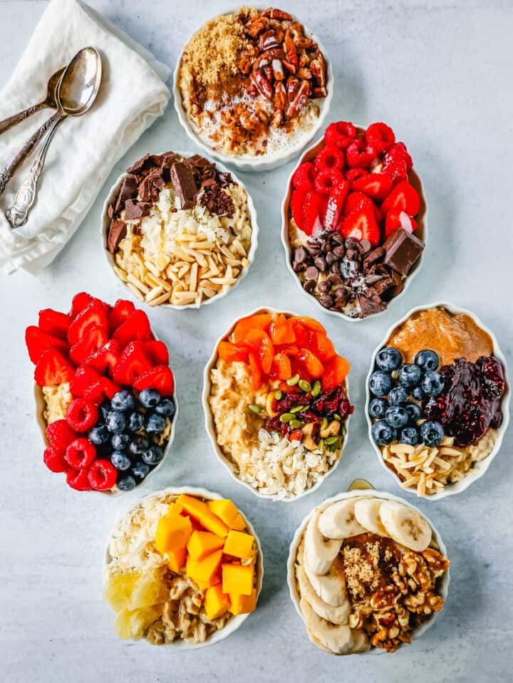 How to make creamy oatmeal with your favorite toppings combinations. I am sharing a list of all of the popular oatmeal toppings ideas to serve on a cold winter day and how to make the best bowl of oatmeal!