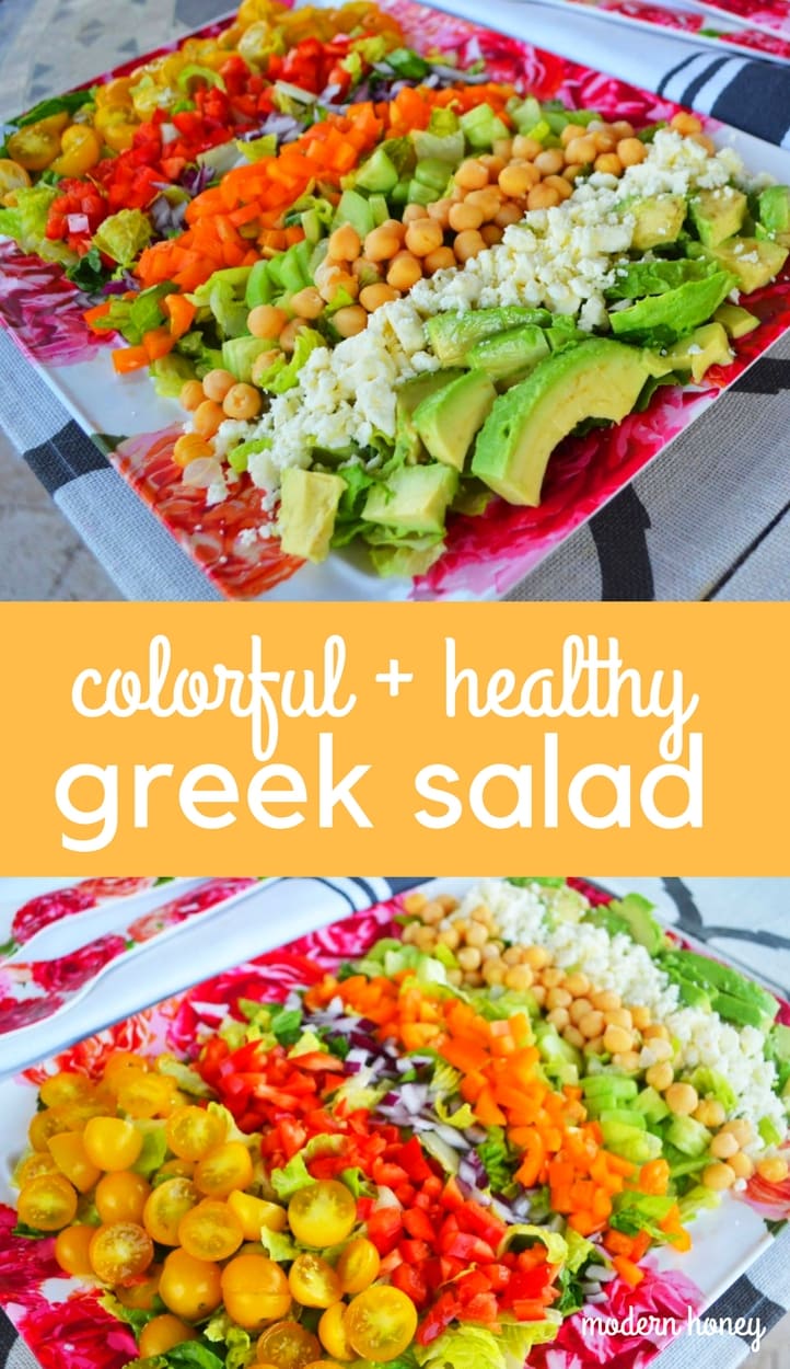 Color Me Pretty GREEK Salad Recipe. How to make a vibrant colorful healthy Greek salad. Fresh veggies, feta cheese, garbanazo beans, avocado tossed in a Greek vinaigrette dressing.  A fresh and healthy Greek salad. www.modernhoney.com