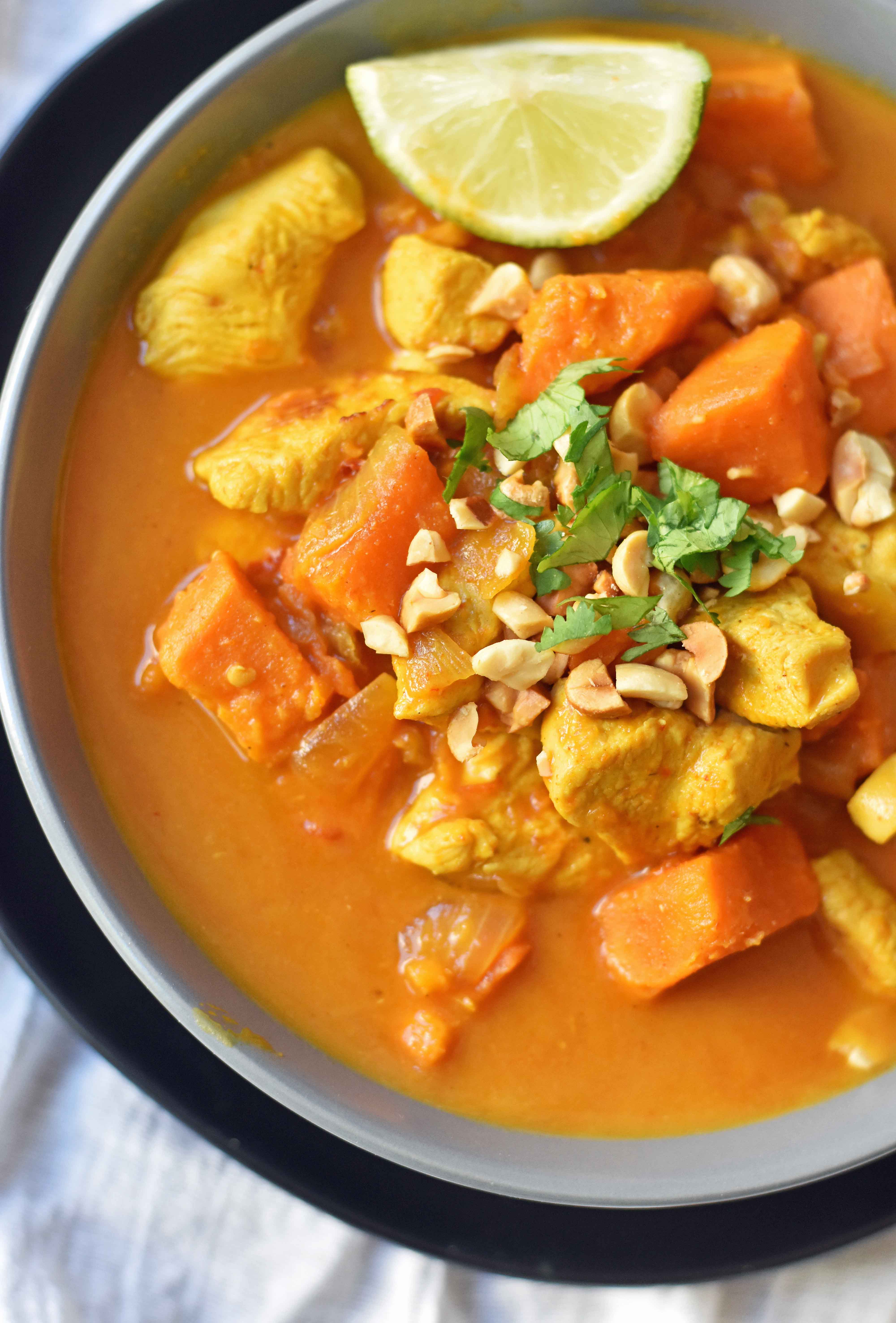 Chicken Sweet Potato Curry. Gluten-free and dairy-free meal. 30-minute meal. Healthy chicken curry dish. www.modernhoney.com #dinner #glutenfree #dairyfree #recipe #dinnerrecipe 