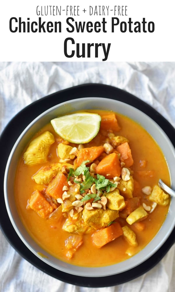 Chicken Sweet Potato Curry. Gluten-free and dairy-free meal. 30-minute meal. Healthy chicken curry dish. www.modernhoney.com #dinner #glutenfree #dairyfree #recipe #dinnerrecipe