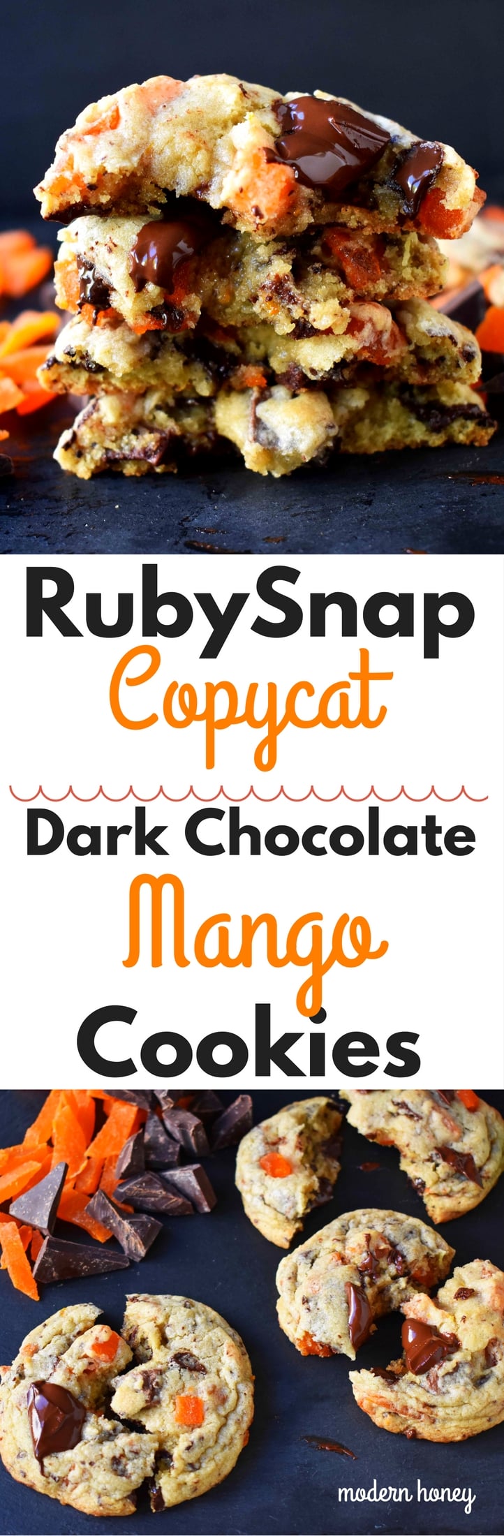 RubySnap Vivianna Dark Chocolate Mango Cookies by Modern Honey. Citrus dough cookies studded with dark chocolate and mango. A highly addicting cookie from this popular bakery. www.modernhoney.com