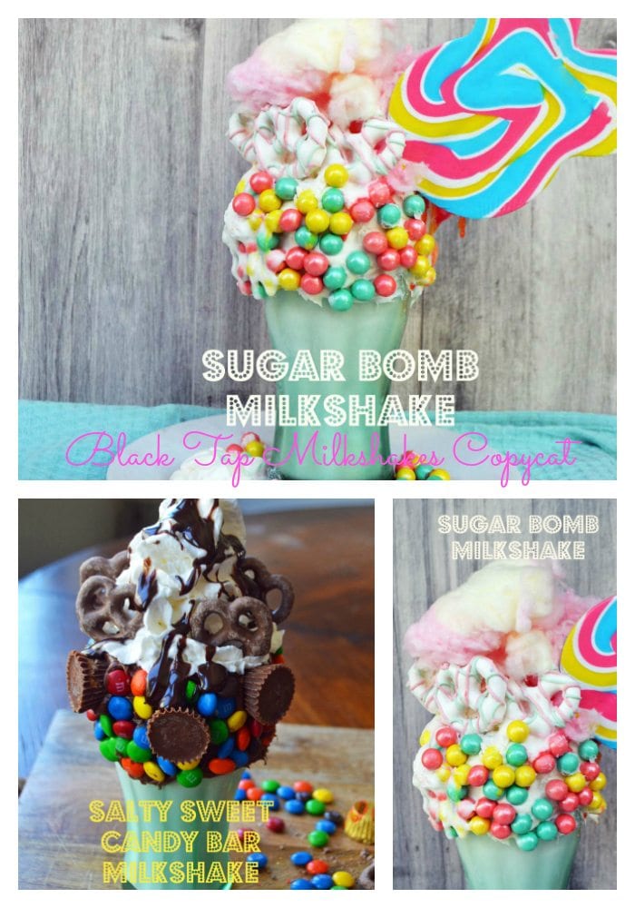Black Tap Milkshakes Copycat Recipe by Modern Honey. The Sugar Bomb Milkshake is made with vanilla ice cream, cotton candy, sixlet candy pearls, lollipop, white chocolate pretzels, and whipped cream. The Salty Sweet Candy Bar Milkshake is made with ice cream of choice, M & M's. peanut butter cups, chocolate covered pretzels, hot fudge, caramels or Twix and whipped cream. These are the most heavenly milkshakes on the planet! 