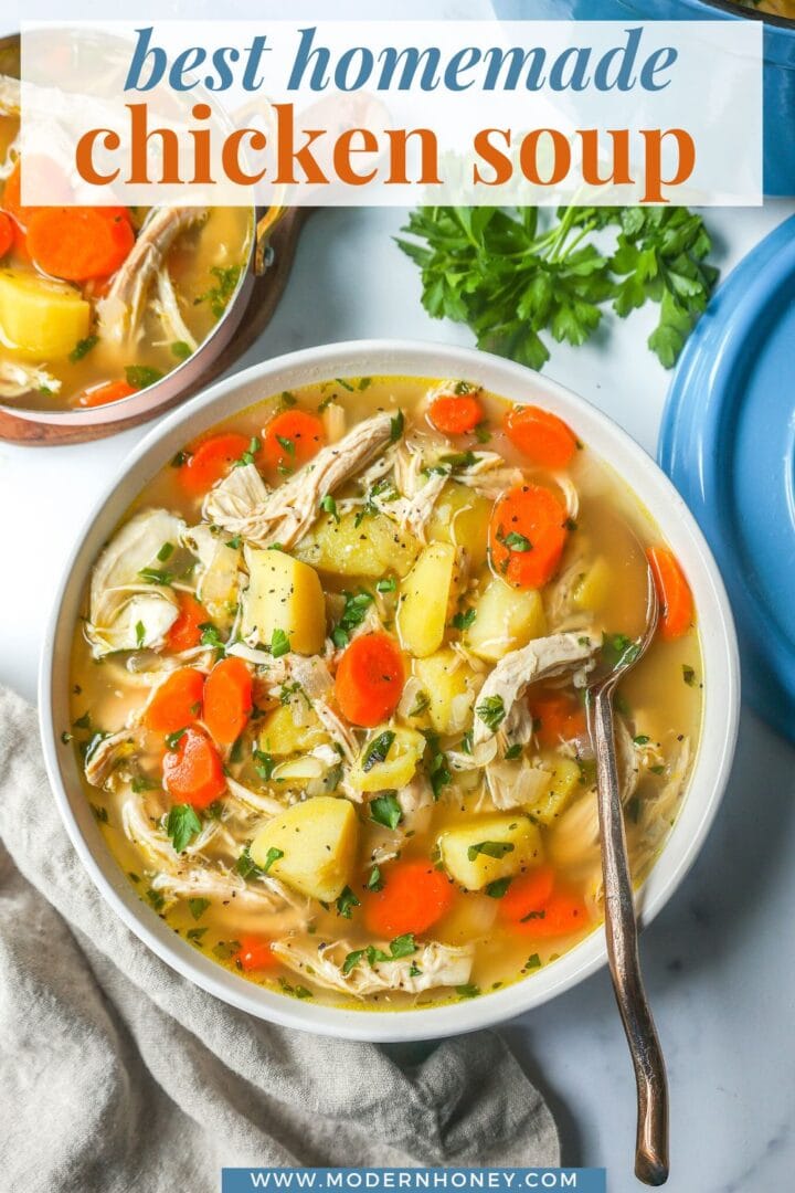 This Homemade Chicken Soup is made with tender chicken, carrots, onion, potatoes, fresh herbs, and seasonings all in a warm chicken broth. This is the perfect chicken soup on a cold winter's day. 