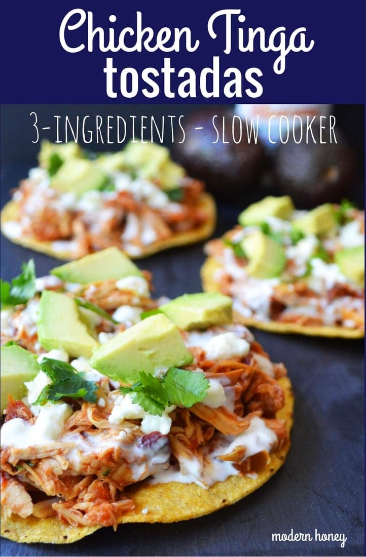 Chicken Tinga Tostadas. Slow cooker 3-ingredients Chicken Tinga recipe. Chicken breasts slowly cooked with salsa and chipotle chilies. A perfect chicken filling for tacos, tostadas, burritos, or salads. www.modernhoney.com