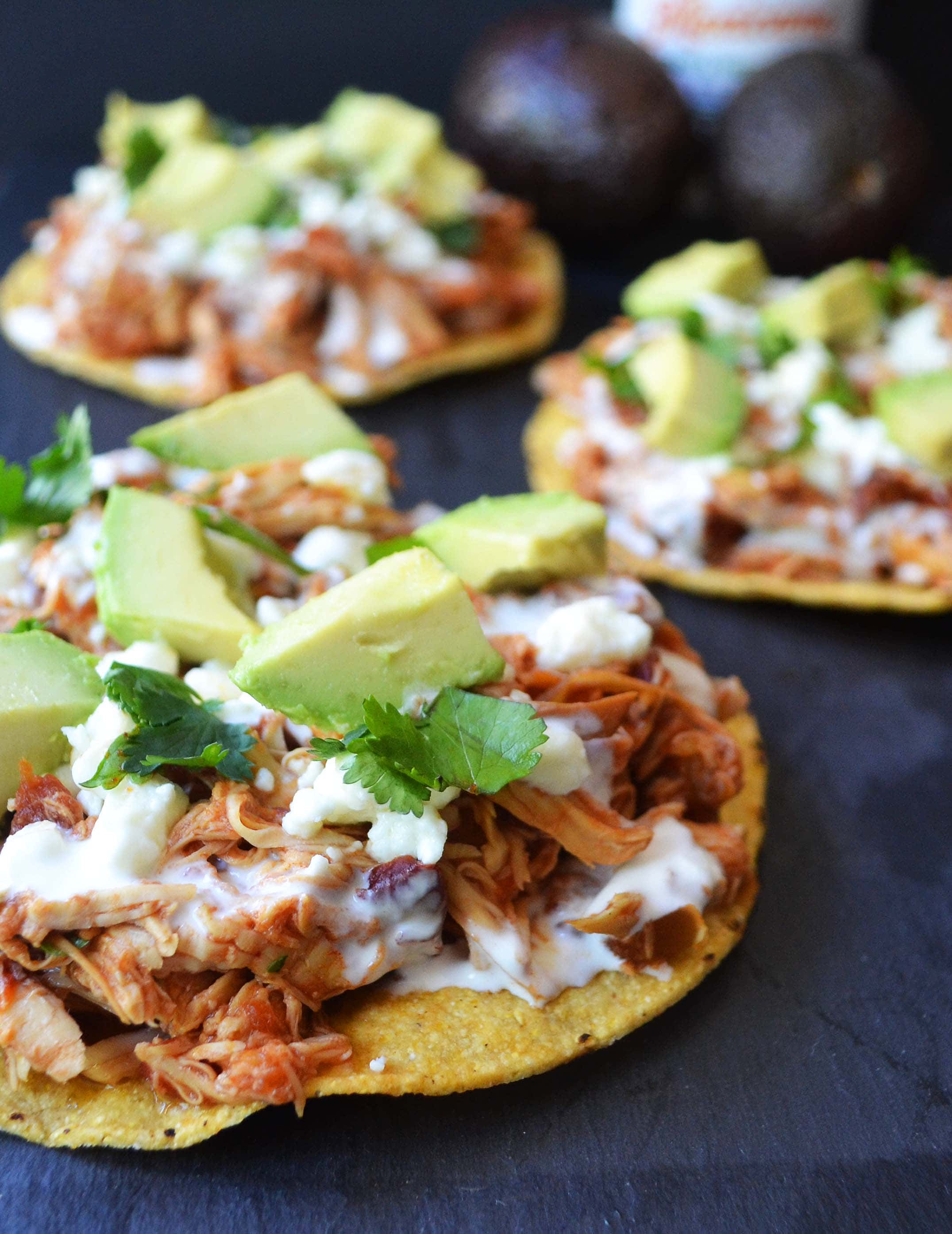 Slow Cooker Chicken Tinga Tostadas by Modern Honey - www.modernhoney.com