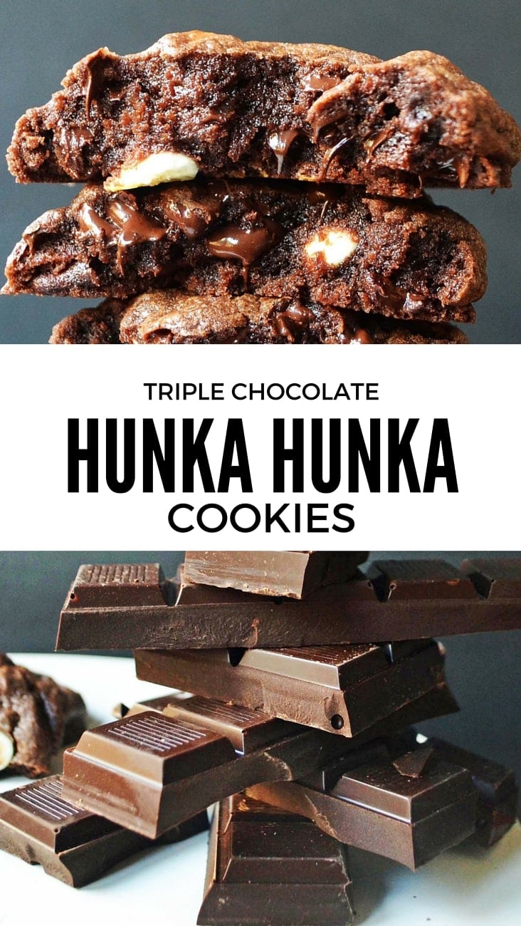 Hunka Hunka Triple Chocolate Cookies. Best chocolate cookie recipe with 3 kinds of chocolate that will melt in your mouth.