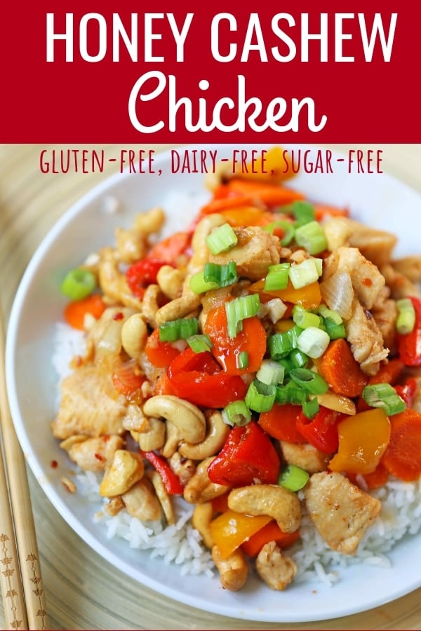 Honey Cashew Chicken. A healthier version of a popular Asian dish -- Cashew Chicken.  Gluten-Free. Dairy-Free. Sugar-Free.  A spicy and sweet chicken with crisp vegetables in a flavorful sauce.  www.modernhoney.com #honeycashewchicken #cashewchicken #chinesechicken #asianfood