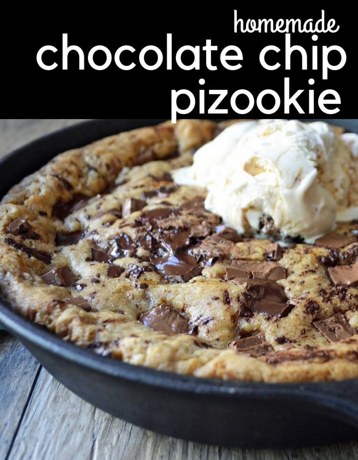 Chocolate Chip Pizookie Recipe. Homemade BJ's pizookie copycat recipe. Warm ooey gooey chocolate chip cookie topped with vanilla ice cream. www.modernhoney.com #pizookie #chocolatechippizookie #chocolatechipskilletcookie