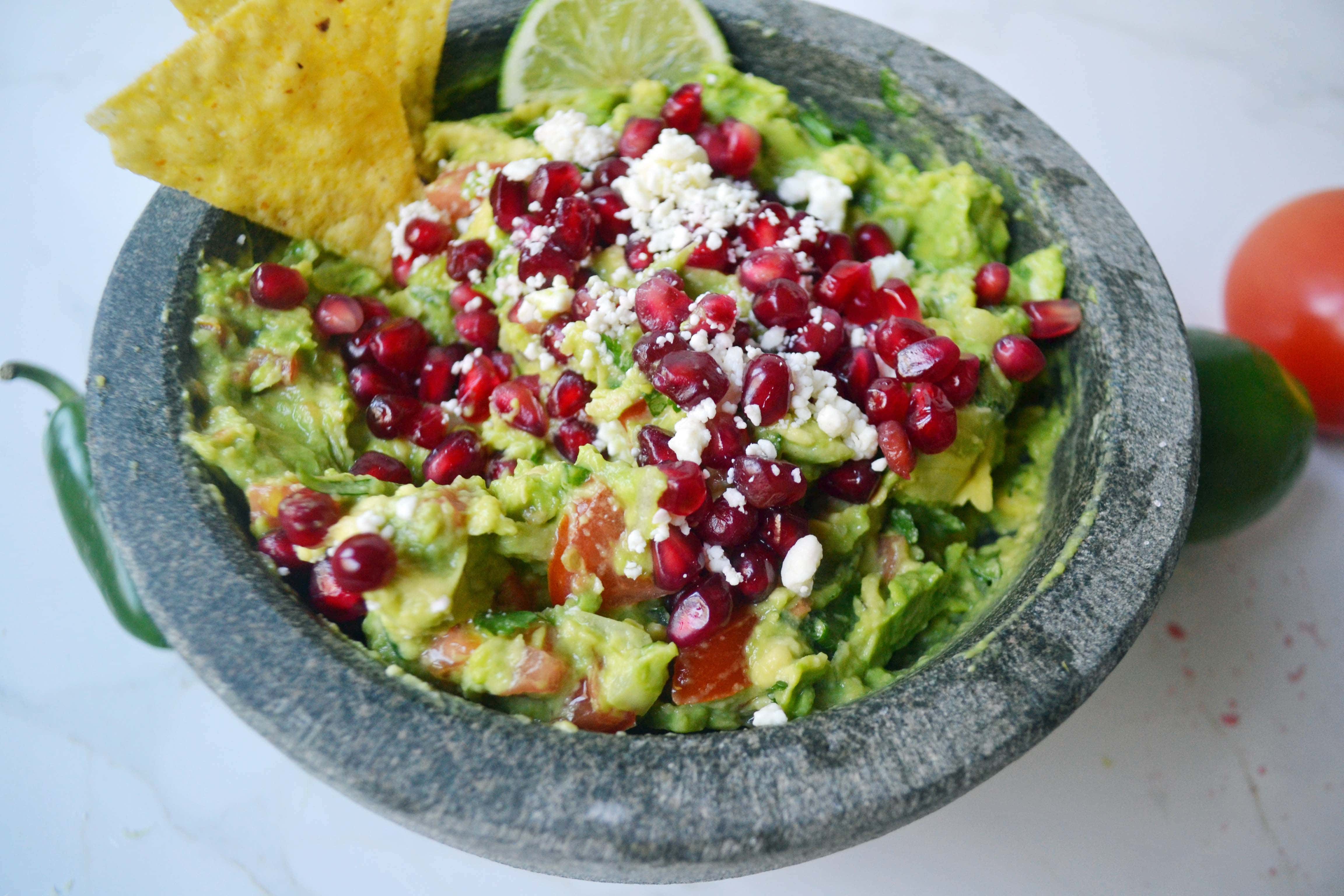 Best Ever Homemade Guacamole with pomegranate and Homemade Chips by Modern Honey - www.modernhoney.com