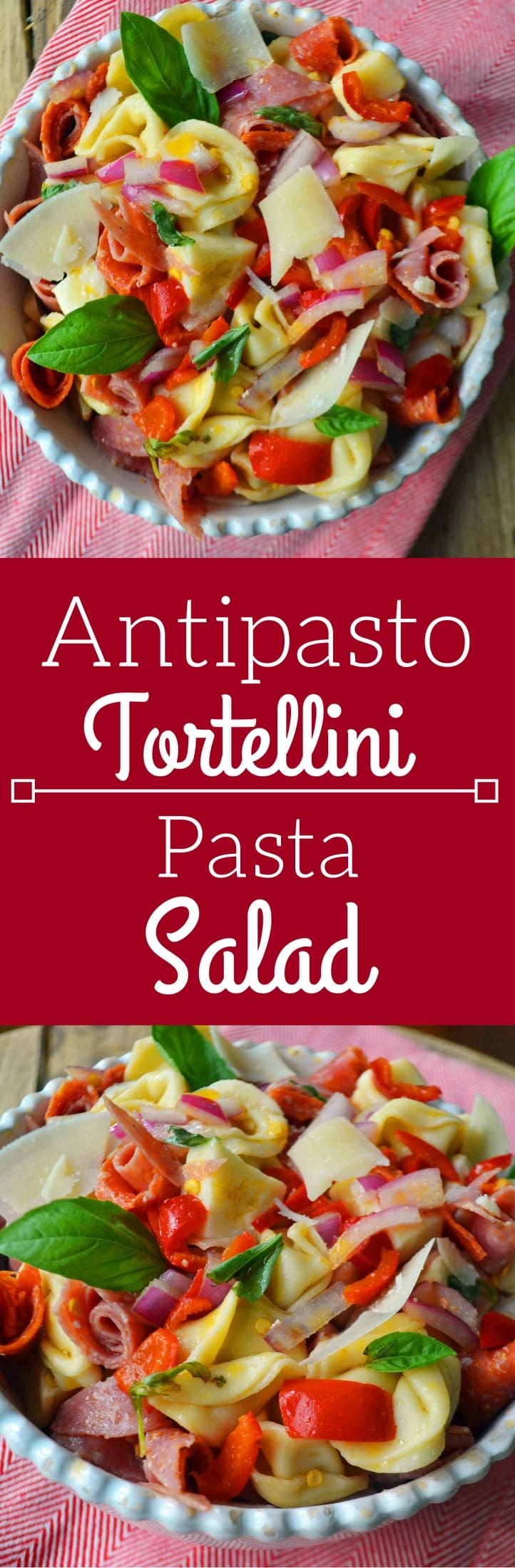 Antipasto Tortellini Pasta Salad. This Antipasto Tortellini Pasta Salad starts off with creamy cheese tortellini topped with Genoa salami, pepperoni, fresh mozzarella, roasted red peppers, red onion, fresh basil, and finished off with an olive oil and red wine vinaigrette. The vinaigrette is simple – focusing on the clean flavor of extra virgin olive oil and the tangy bite from the vinaigrette. This keeps the salad light and fresh instead of being weighed down by a mayonnaise based dressing. www.modernhoney.com