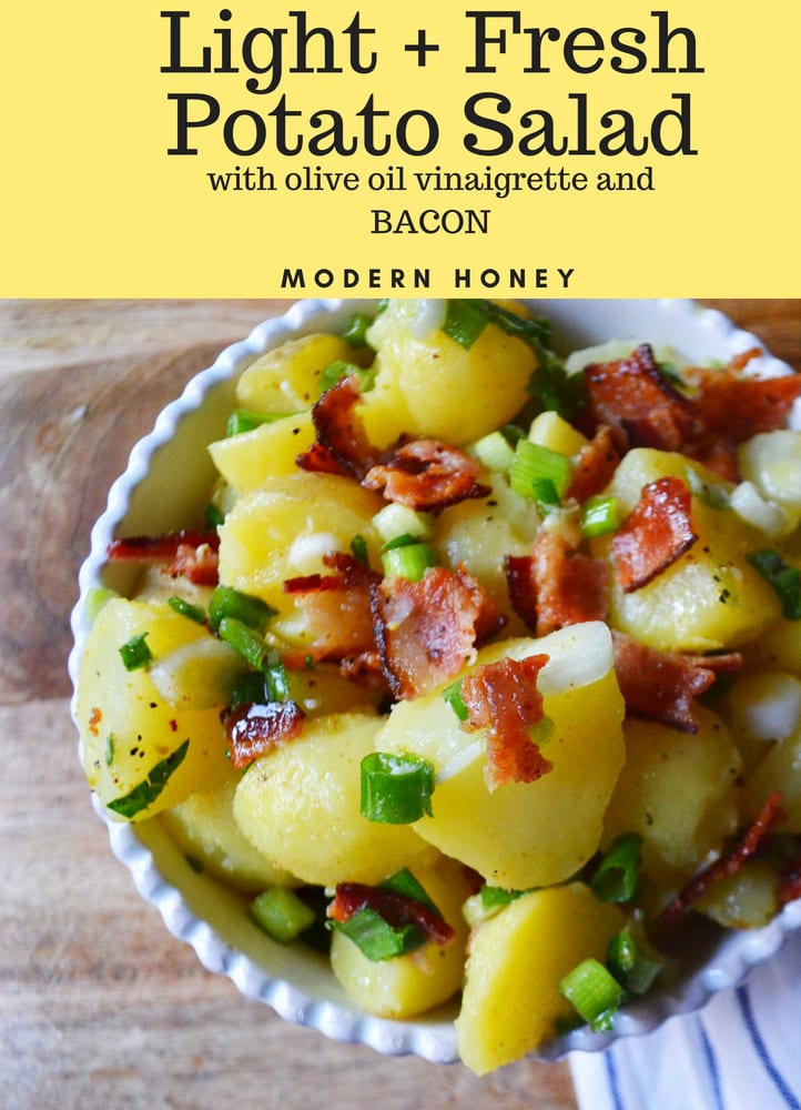 Light and Fresh German Potato Salad made with olive oil and vinegar dressing and topped with bacon. A mayo-free potato salad recipe. www.modernhoney.com #potatosalad #germanpotatosalad