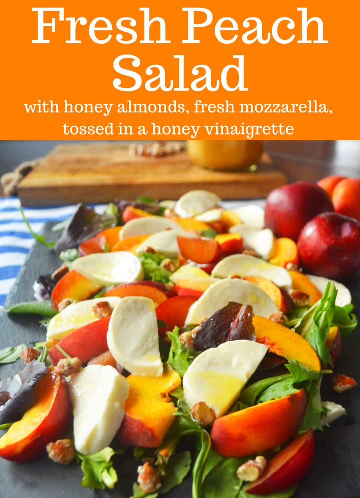 Fresh Peach Mozzarella Salad. Stone Fruit Salad with Honey Almonds, Fresh Mozzarella, tossed in a honey vinaigrette. The perfect fresh summer salad! www.modernhoney.com #peach #peachsalad #peaches #peachrecipes