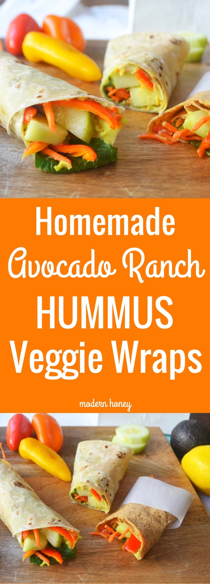 Homemade Avocado Ranch Hummus Veggie Wraps. A healthy school lunch that kids will actually eat! Homemade hummus is made with chickpeas, ranch dressing powder, lemon juice, avocado, and spices. It is spread on a healthy tortilla and rolled up with thinly sliced peppers, cucumbers, spinach, and shredded carrots. www.modernhoney.com