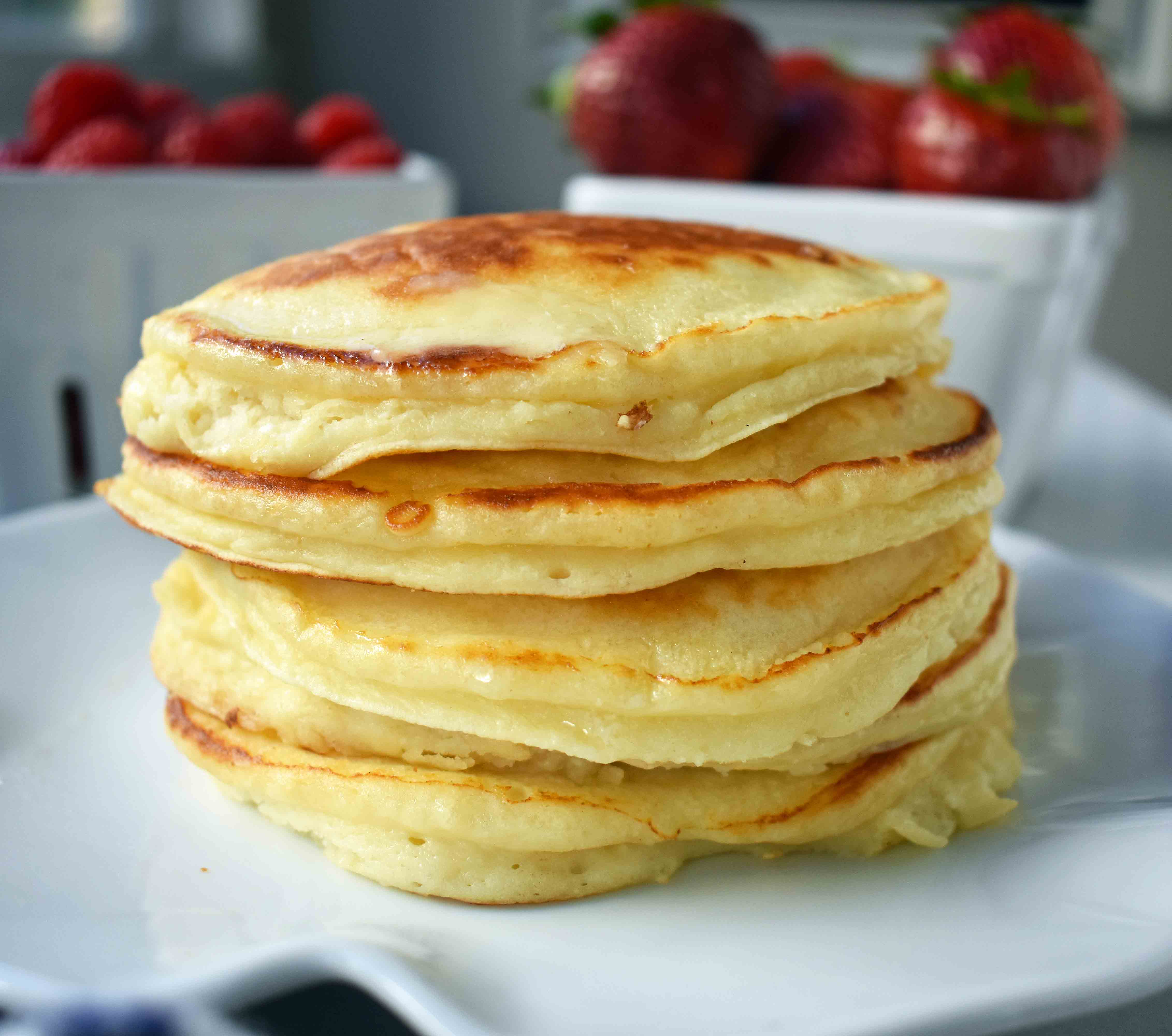 Sweet Cream Ricotta Pancakes. One bowl pancakes made in less than 5 minutes. Ricotta pancakes are a hybrid between a pancake and a crepe. Creamy, sweet pancakes that melt in your mouth. Some say these ricotta pancakes are the best out there. You be the judge! www.modernhoney.com