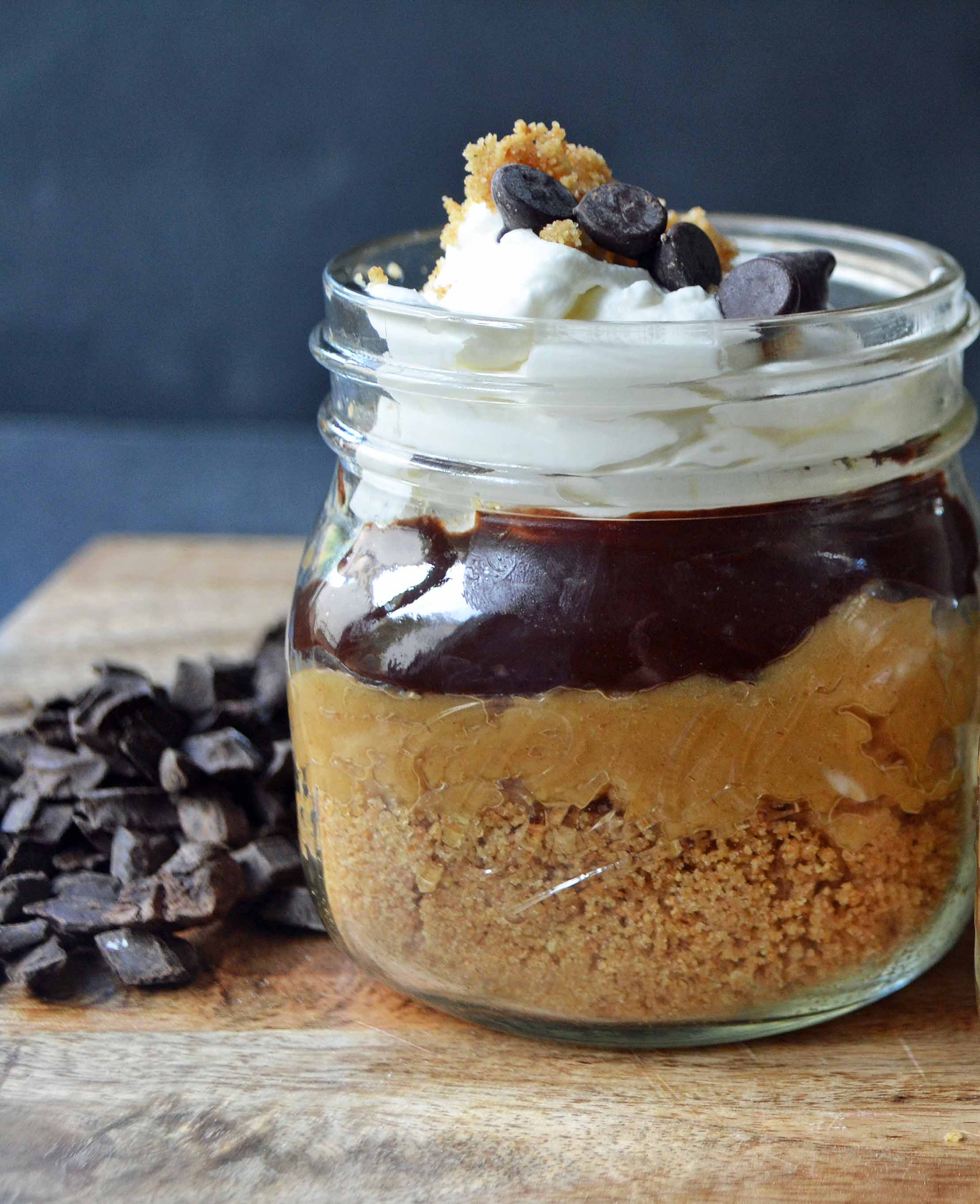 The Eligible Bachelor Peanut Butter Pie Jars by Modern Honey l Graham Cracker Crust, Peanut Butter Cream, Chocolate Ganache, and Homemade Whipped Cream