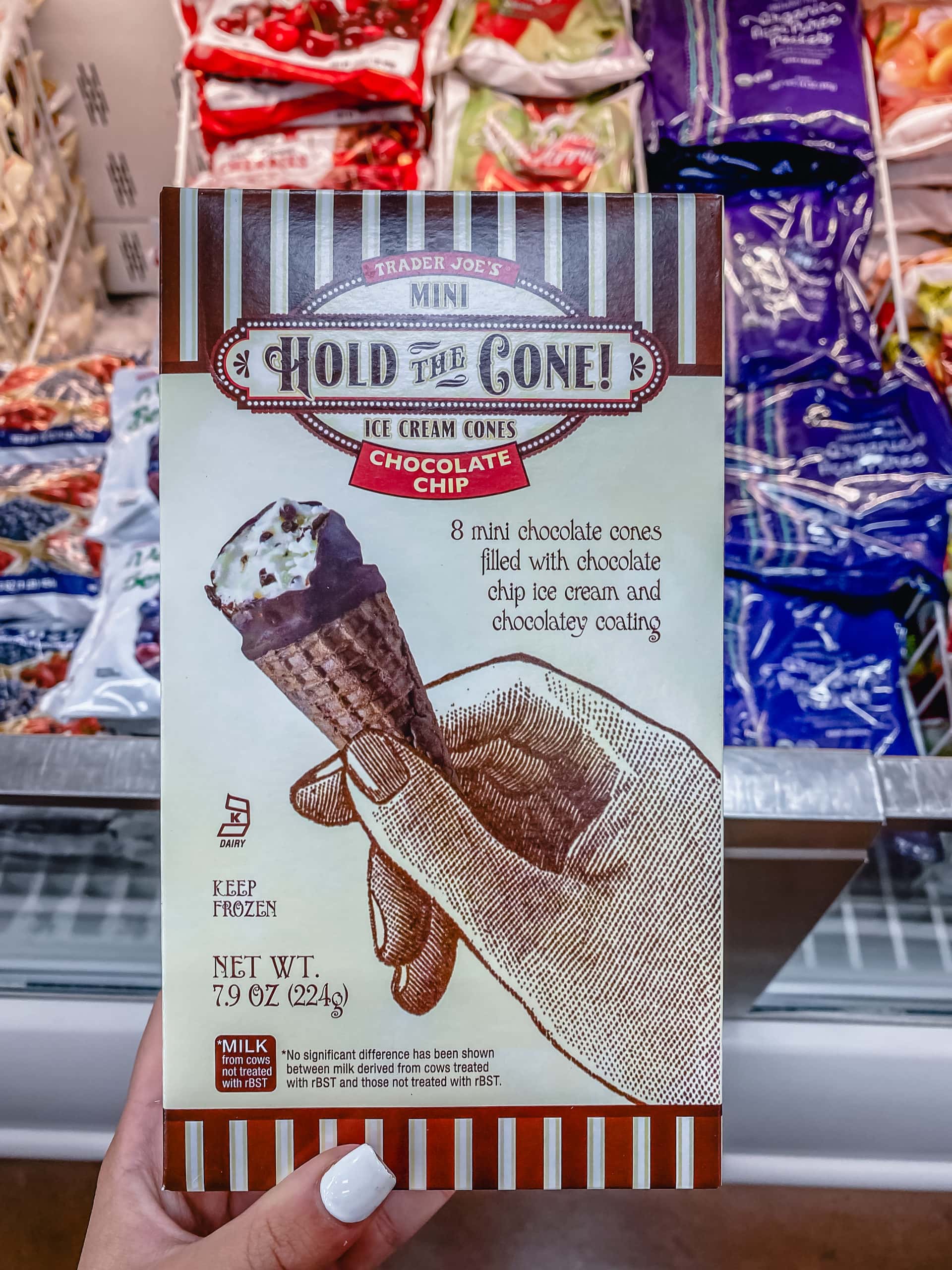 Mini Chocolate Chip Ice Cream Cones covered in chocolate from Trader Joe's. The Best Foods to Buy at Trader Joe's. 