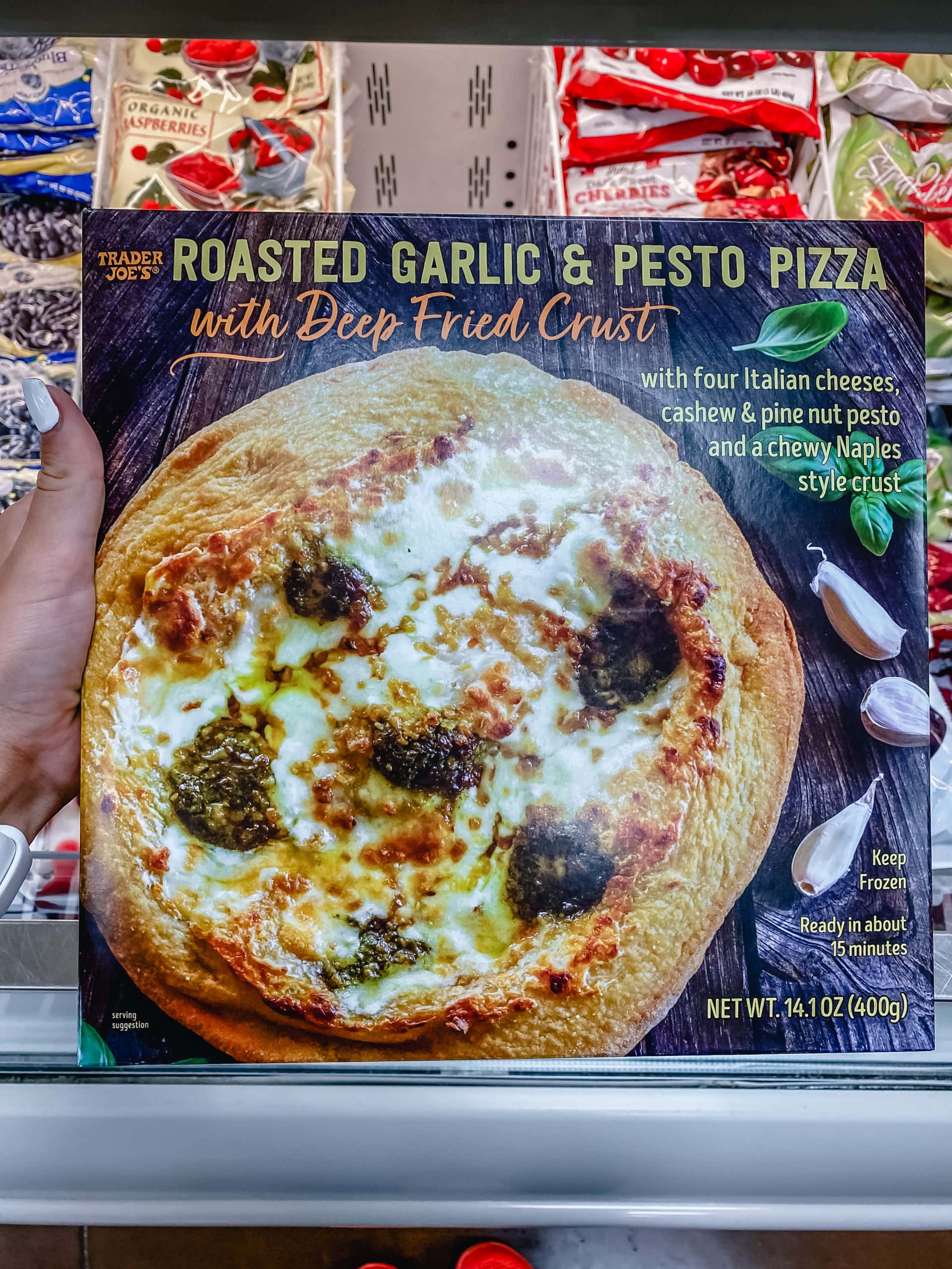 Roasted Garlic and Pesto Pizza with Deep Fried Crust from Trader Joe's. Best Foods to Buy from Trader Joe's.