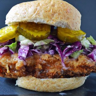 Bubby's Buttermilk Fried Chicken Sandwich with Creamy Coleslaw and Spicy Pickles by Modern Honey l www.modernhoney.com