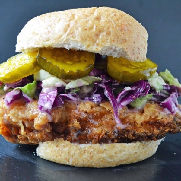 Bubby's Buttermilk Fried Chicken Sandwich with Creamy Coleslaw and Spicy Pickles by Modern Honey l www.modernhoney.com