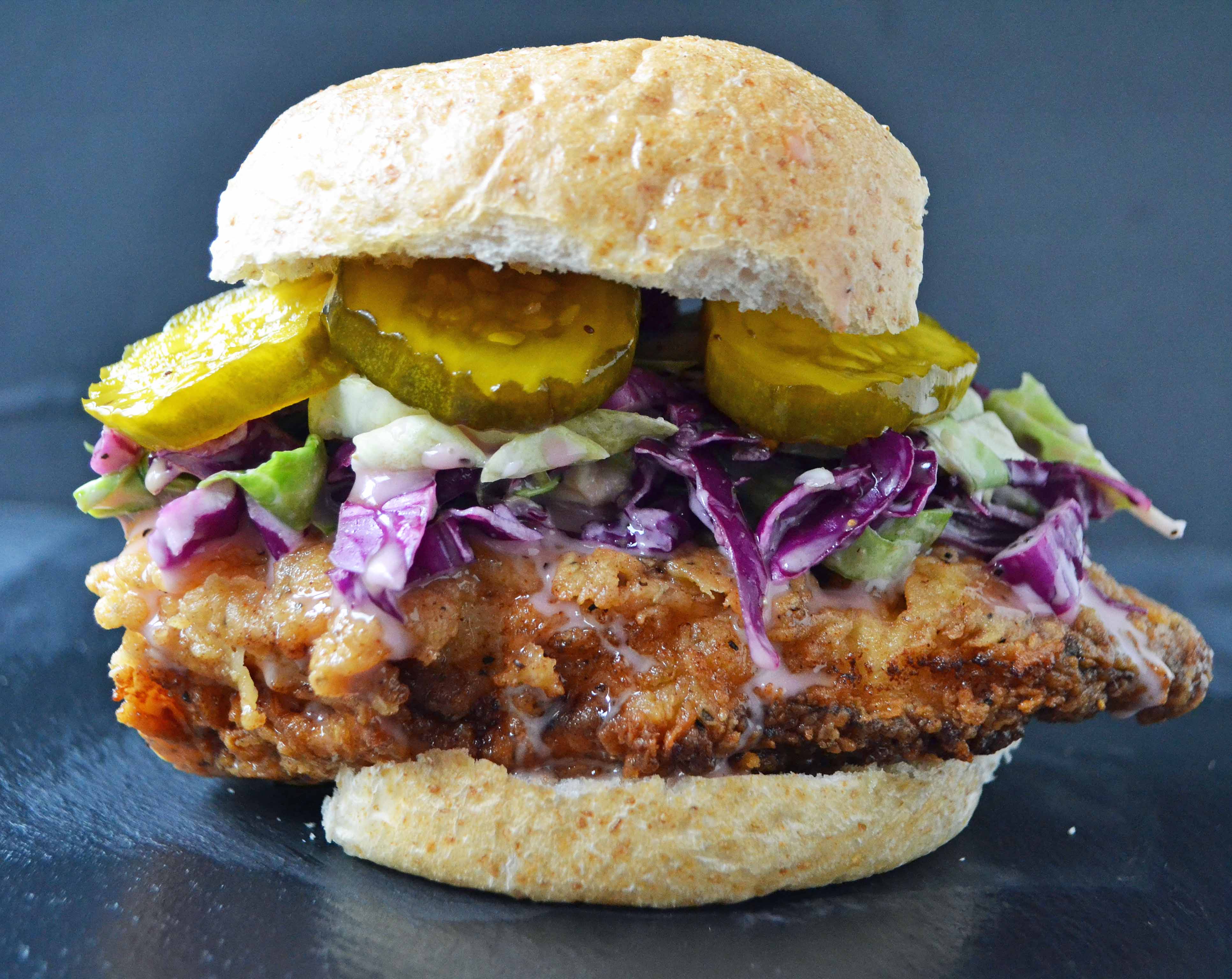 Bubby's Buttermilk Fried Chicken Sandwich with Creamy Coleslaw and Spicy Pickles by Modern Honey l www.modernhoney.com