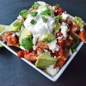 Easy Chicken Chilaquiles. Gluten-Free and made in 30 minutes or less. www.modernhoney.com