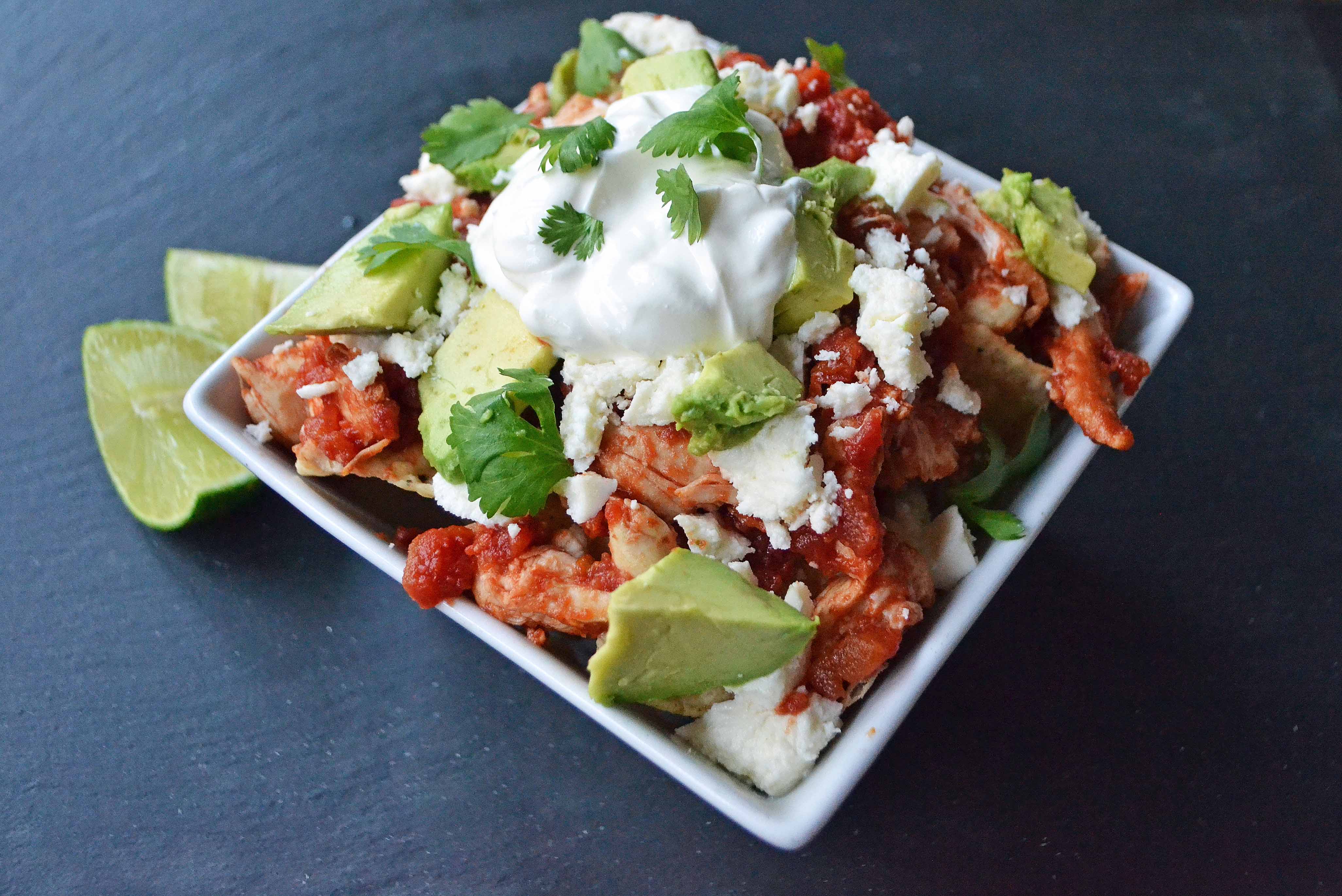 Easy Chicken Chilaquiles. Gluten-Free and made in 30 minutes or less. www.modernhoney.com