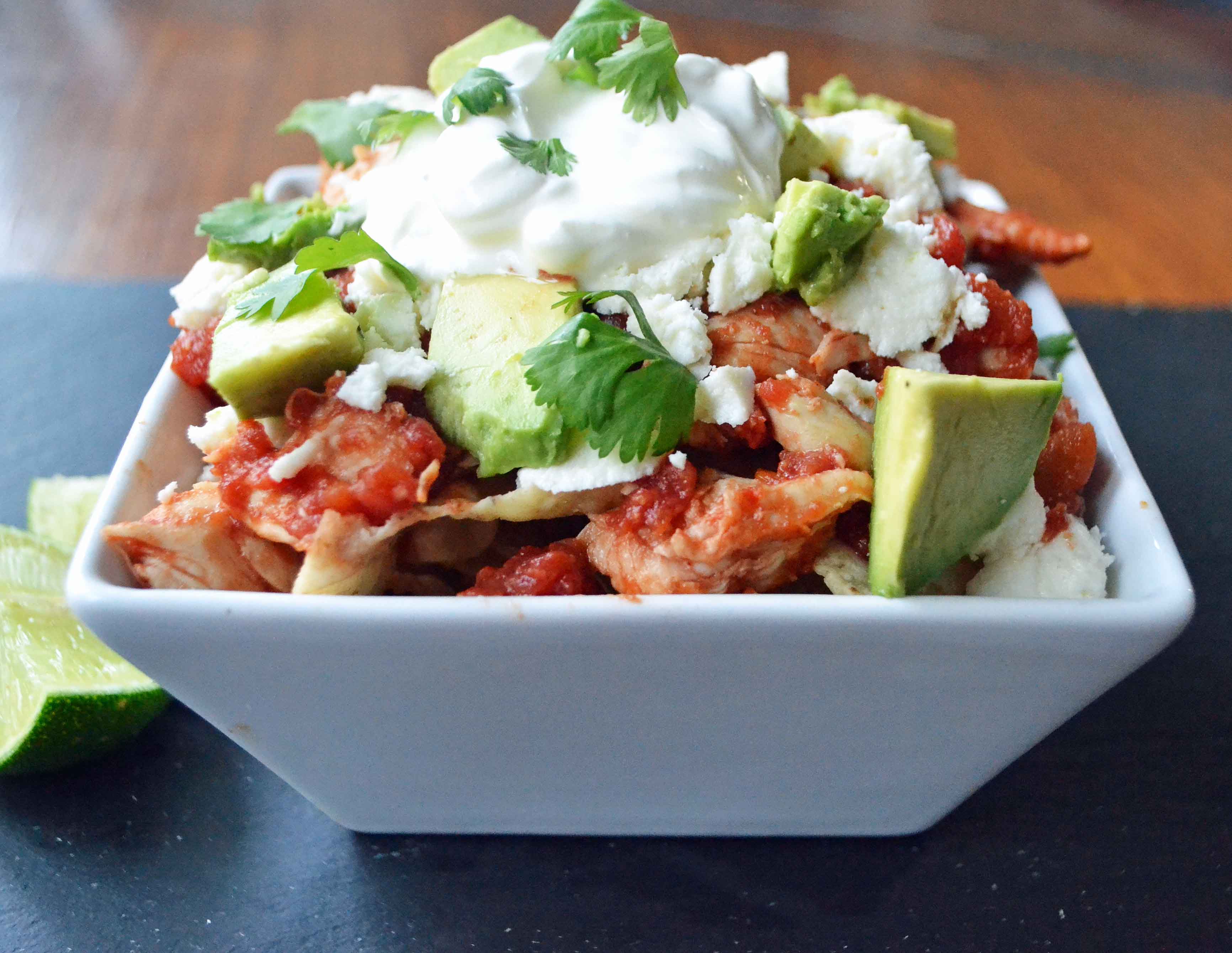 Easy Chicken Chilaquiles. Gluten Free and made in less than 30 minute or less dinner. 