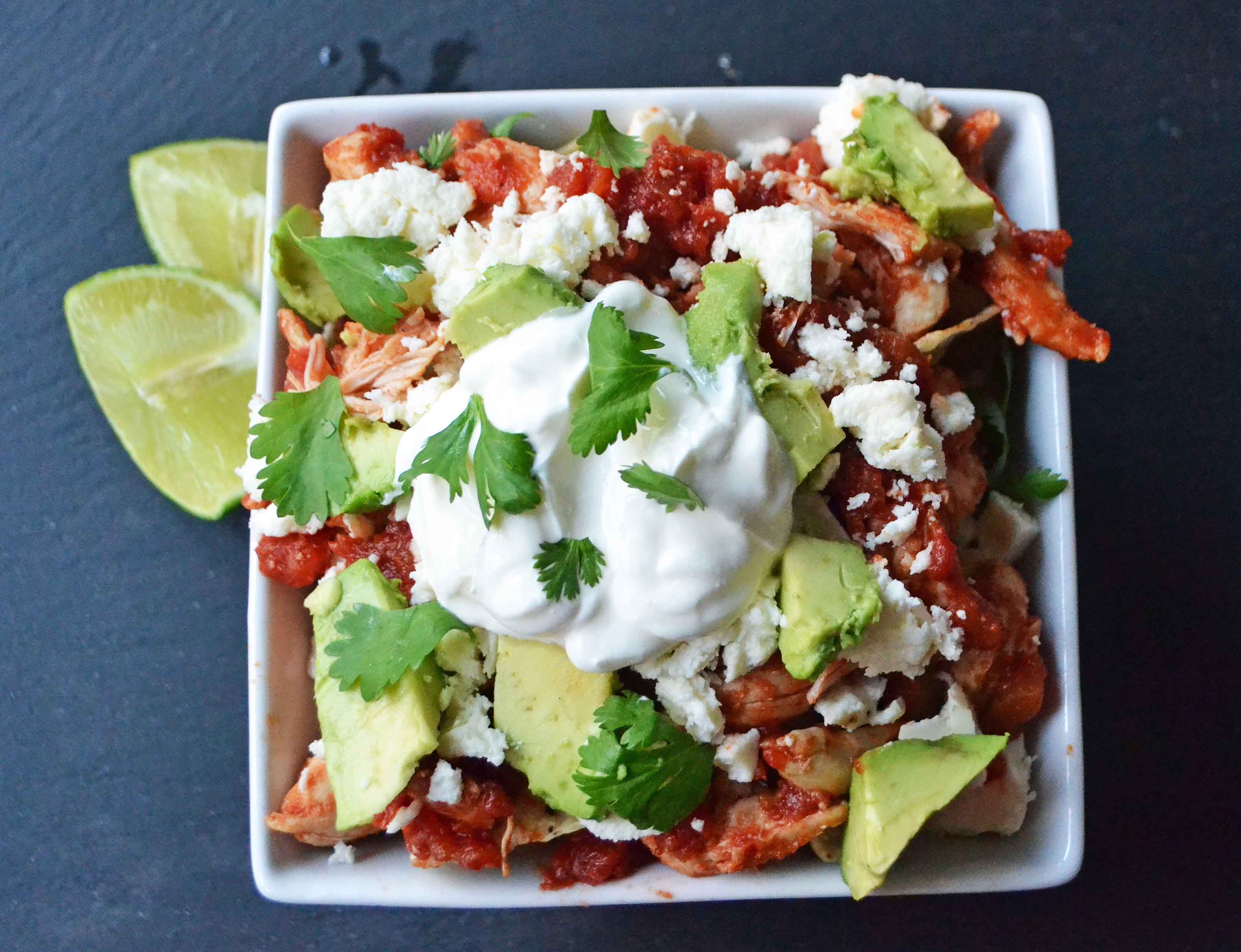 Easy Chicken Chilaquiles. Gluten-Free 30-minute or less dinner. www.modernhoney.com