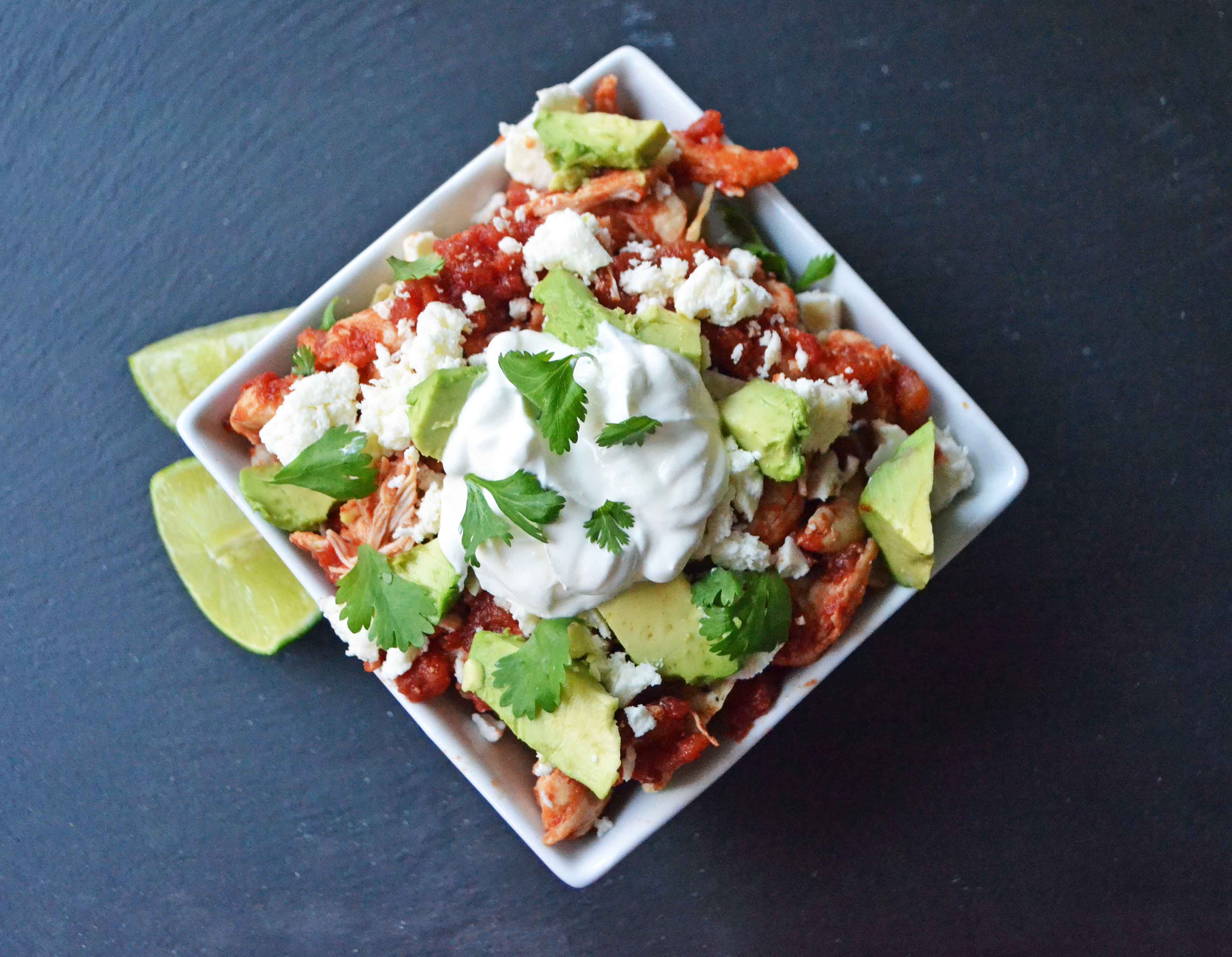Easy Chicken Chilaquiles. Gluten Free and made in 30 minutes or less. 
