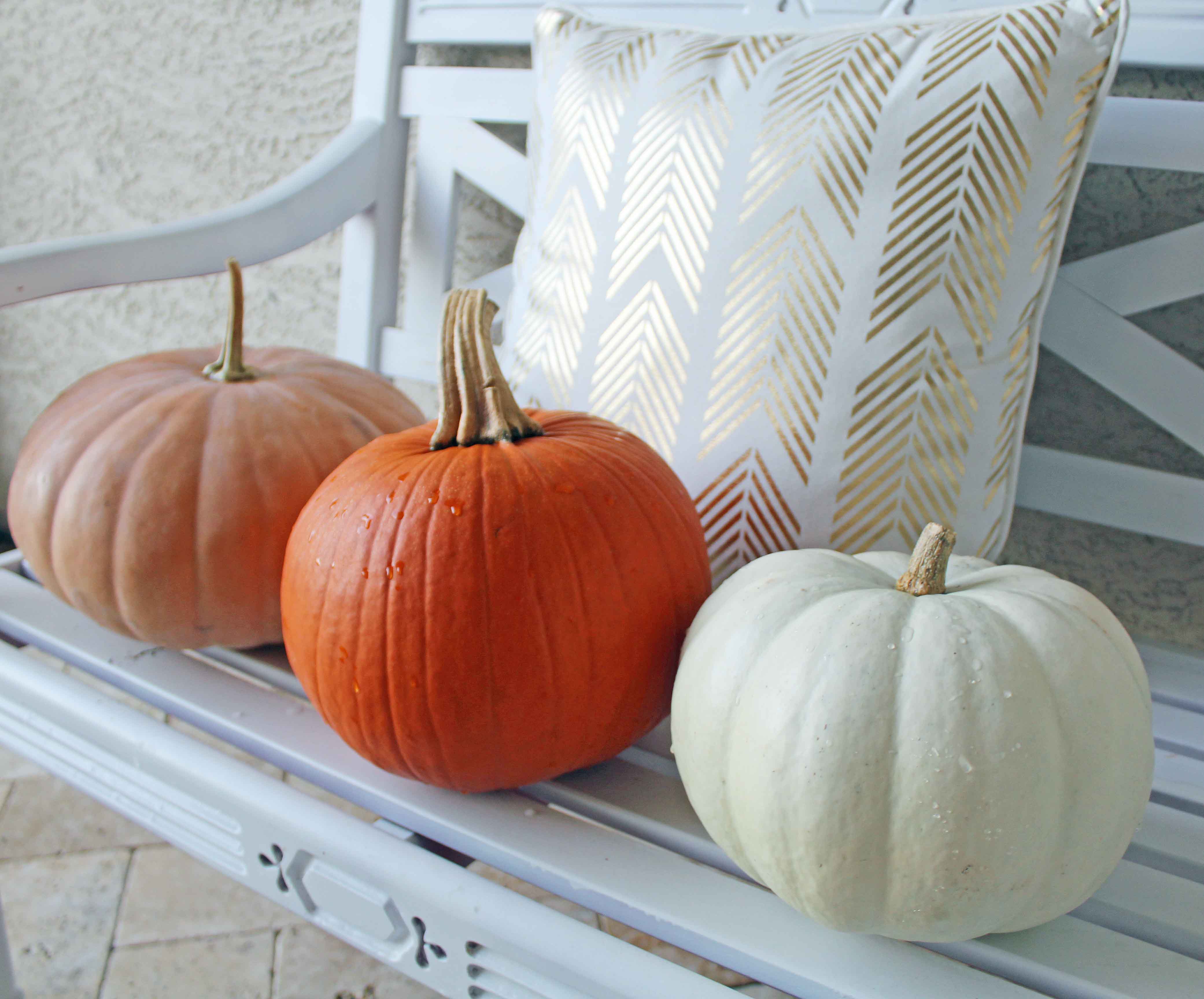 Fall Decor Ideas by Modern Honey. White, Peach, and Orange Pumpkins