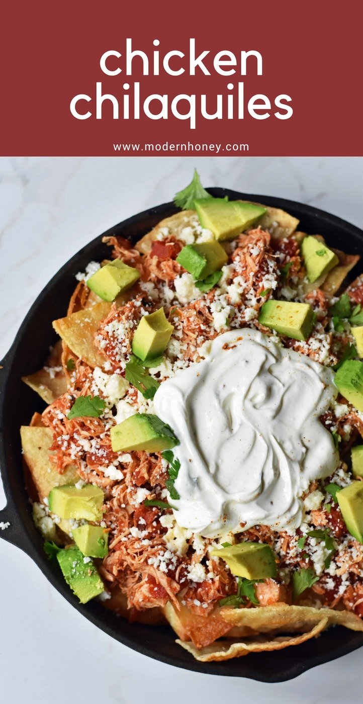 Easy Chicken Chilaquiles. How to make easy chicken chilaquiles with chipotle chicken, mexican cheese, and fresh avocado. A flavorful Mexican meal. www.modernhoney.com