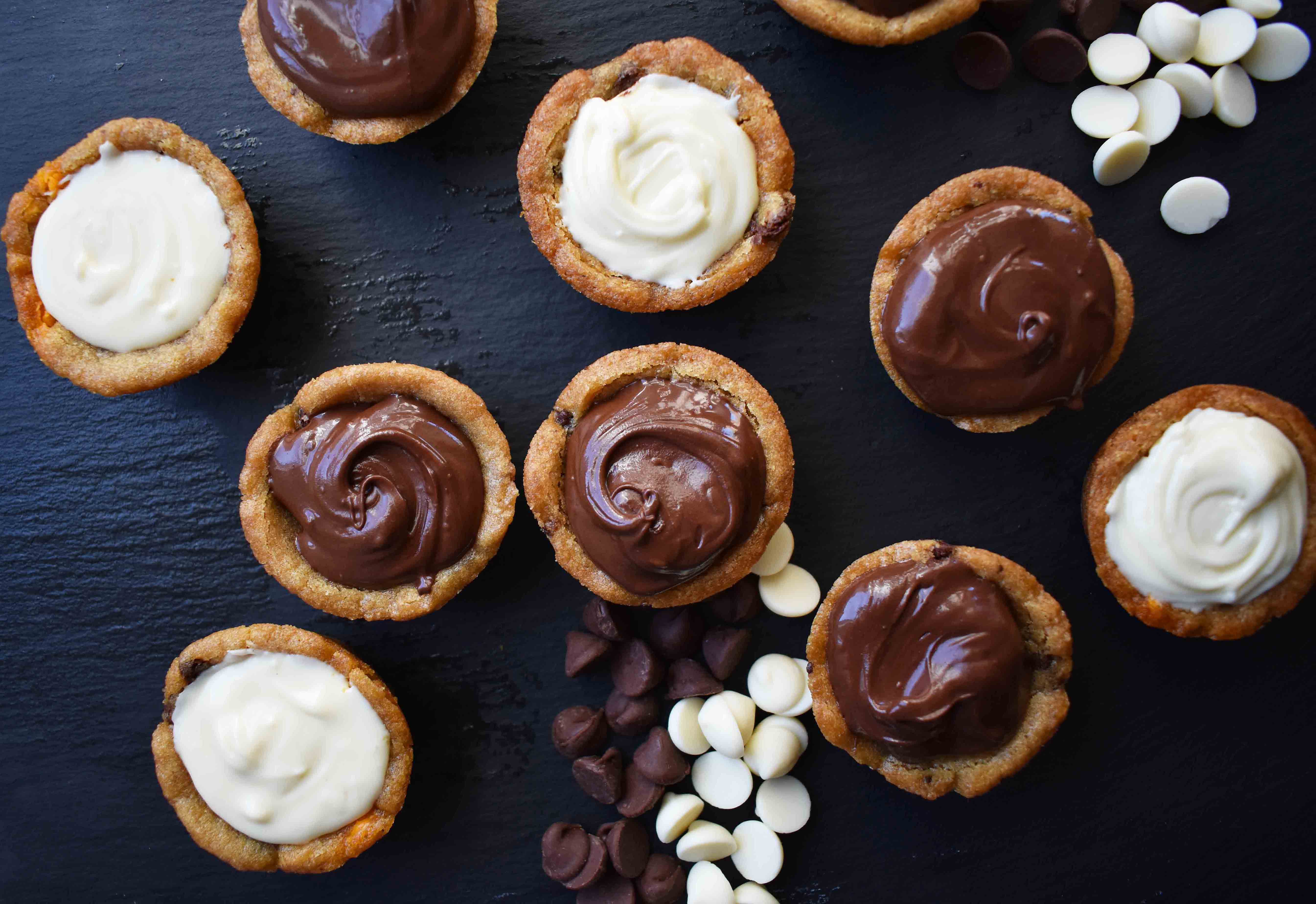 Chocolate Ganache Filled Cookie Cups. Rich chocolate ganache in the center of a chocolate chip cookie cup. A heavenly chocolate dessert!