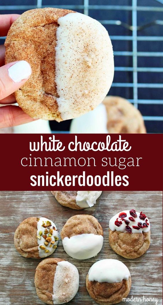 White Chocolate Dipped Snickerdoodles. White chocolate cinnamon sugar snickerdoodle cookie recipe. A soft and chewy snickerdoodle dipped in melted white chocolate and topped with your favorite toppings. www.modernhoney.com