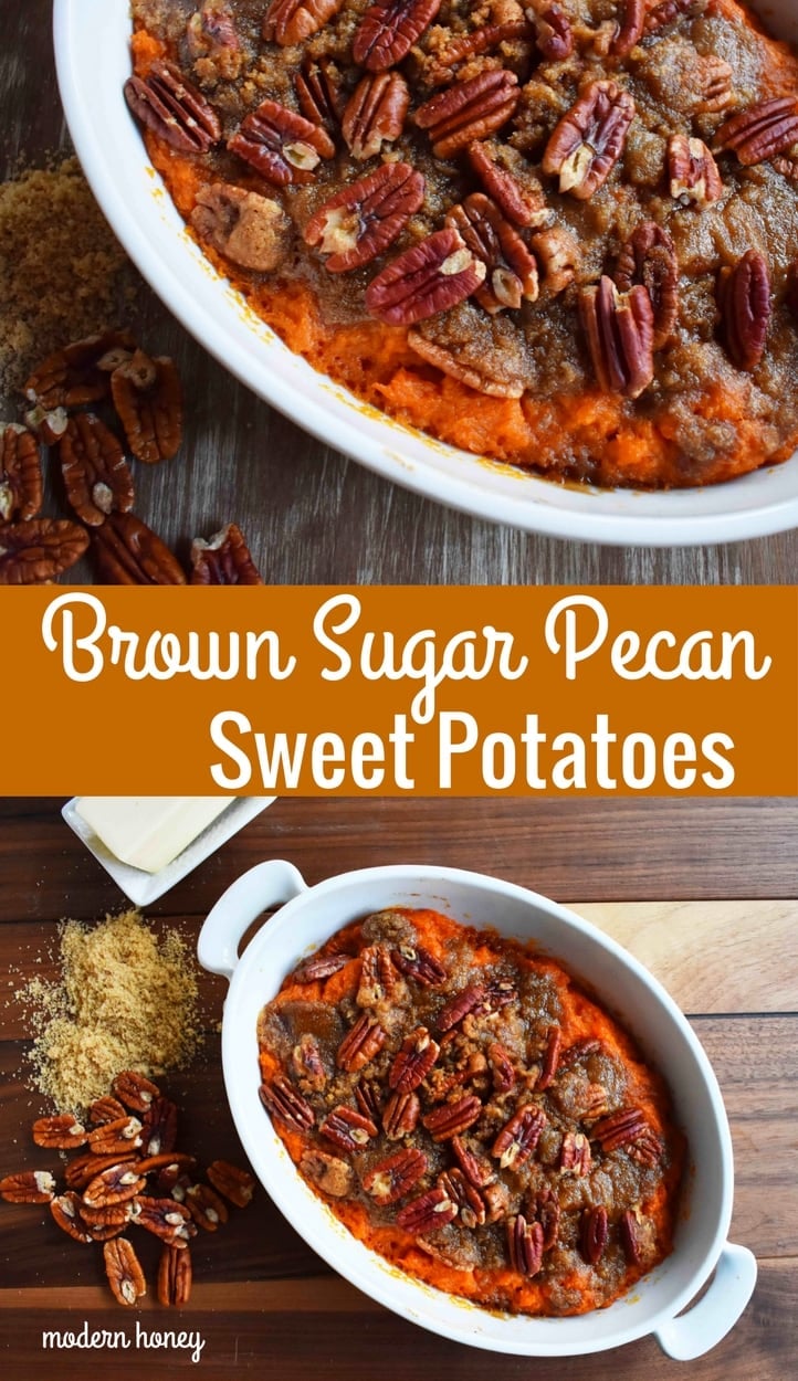 Brown Sugar Pecan Sweet Potato Bake.  Whipped and creamy sweet potatoes with butter, cinnamon, and cream topped with brown sugar and pecans. A popular Thanksgiving staple side dish. www.modernhoney.com