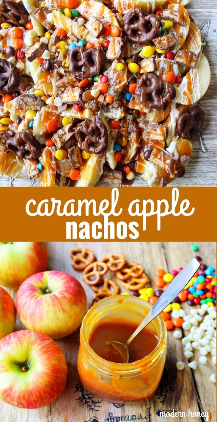 Caramel Apple Nachos. Candy Madness Nachos start with sweet crisp apples covered in homemade salted caramel, a drizzle of white chocolate, chocolate covered pretzels, M & M's, and candy bars. It's the perfect dessert for Halloween and Fall. www.modernhoney.com