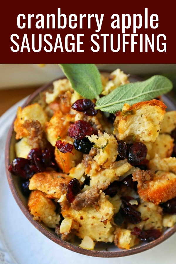 Cranberry Apple Sausage Stuffing. A classic Thanksgiving side dish that is a real crowd pleaser! Homemade Sausage Cranberry Apple Stuffing Recipe. www.modernhoney.com #stuffing #sausasgestuffing #cranberryapplestuffing #sausageapplestuffing #thanksgiving #thanksgivingsides