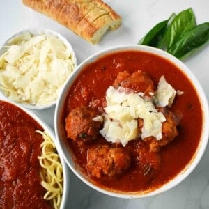 Mama's Best Ever Spaghetti and Meatballs by Modern Honey. Homemade meatballs made from scratch. Authentic Italian meatballs and marinara sauce.