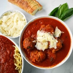 Mama's Best Ever Spaghetti and Meatballs by Modern Honey. Homemade meatballs made from scratch. Authentic Italian meatballs and marinara sauce.