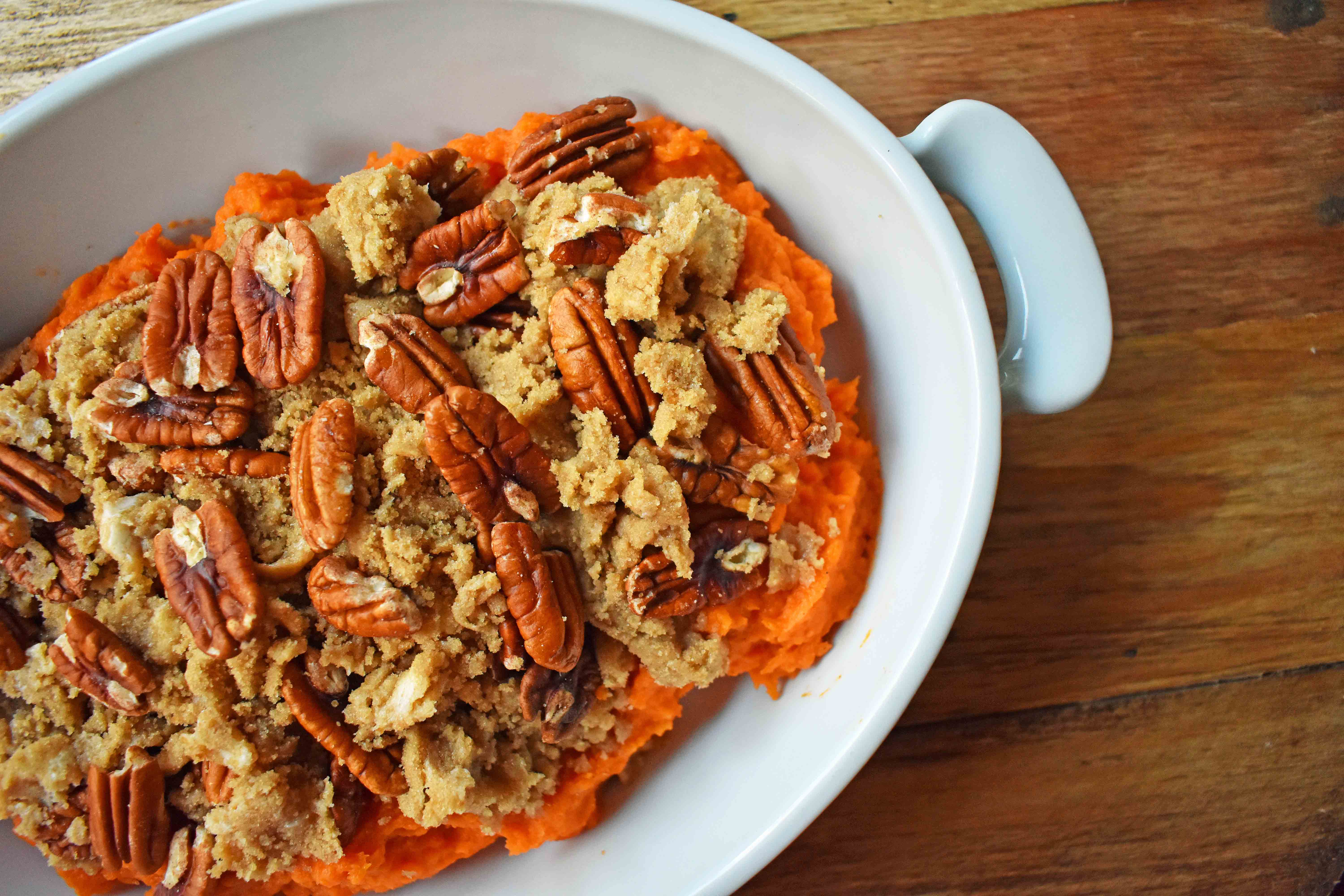 Sweet Potato Brown Sugar Pecan Bake by Modern Honey. Vanilla Cinnamon Sweet Potato sprinkled with Brown Sugar Pecan Topping. It's the perfect side dish.