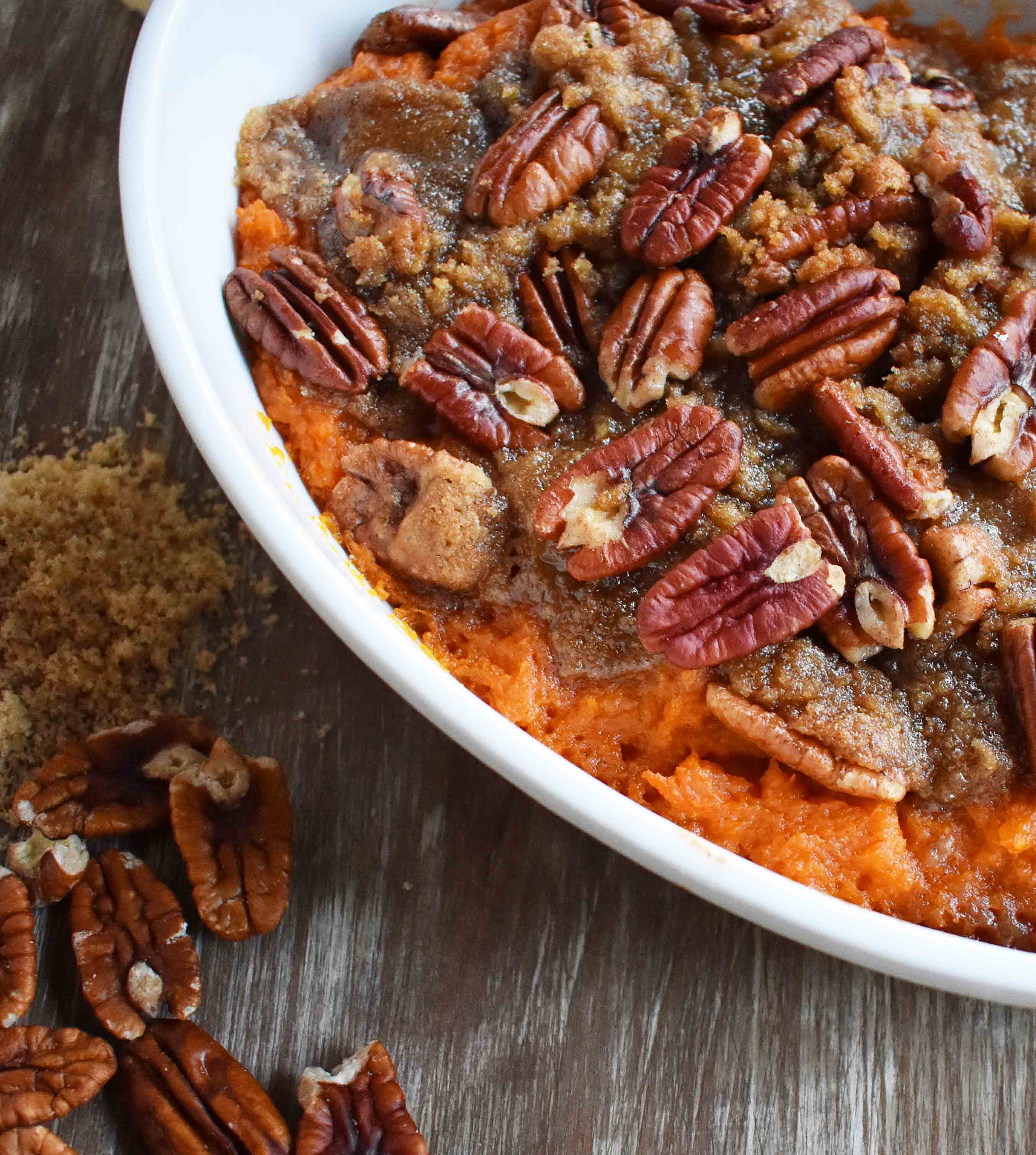 Sweet Potato Brown Sugar Pecan Bake by Modern Honey. Vanilla Cinnamon Sweet Potato sprinkled with Brown Sugar Pecan Topping. It's the perfect side dish.