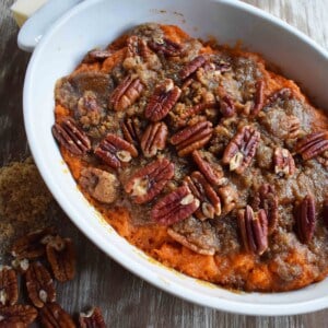 Sweet Potato Brown Sugar Pecan Bake by Modern Honey. Vanilla Cinnamon Sweet Potato sprinkled with Brown Sugar Pecan Topping. It's the perfect side dish.