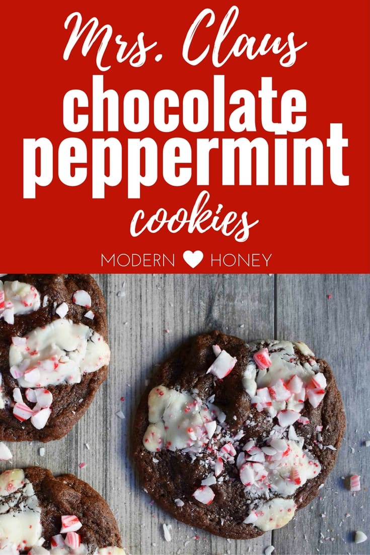 Mrs. Claus Chocolate Peppermint Cookies by Modern Honey. Rich chocolate chunks cookies with peppermint bark and candy canes. The most popular Christmas cookie!