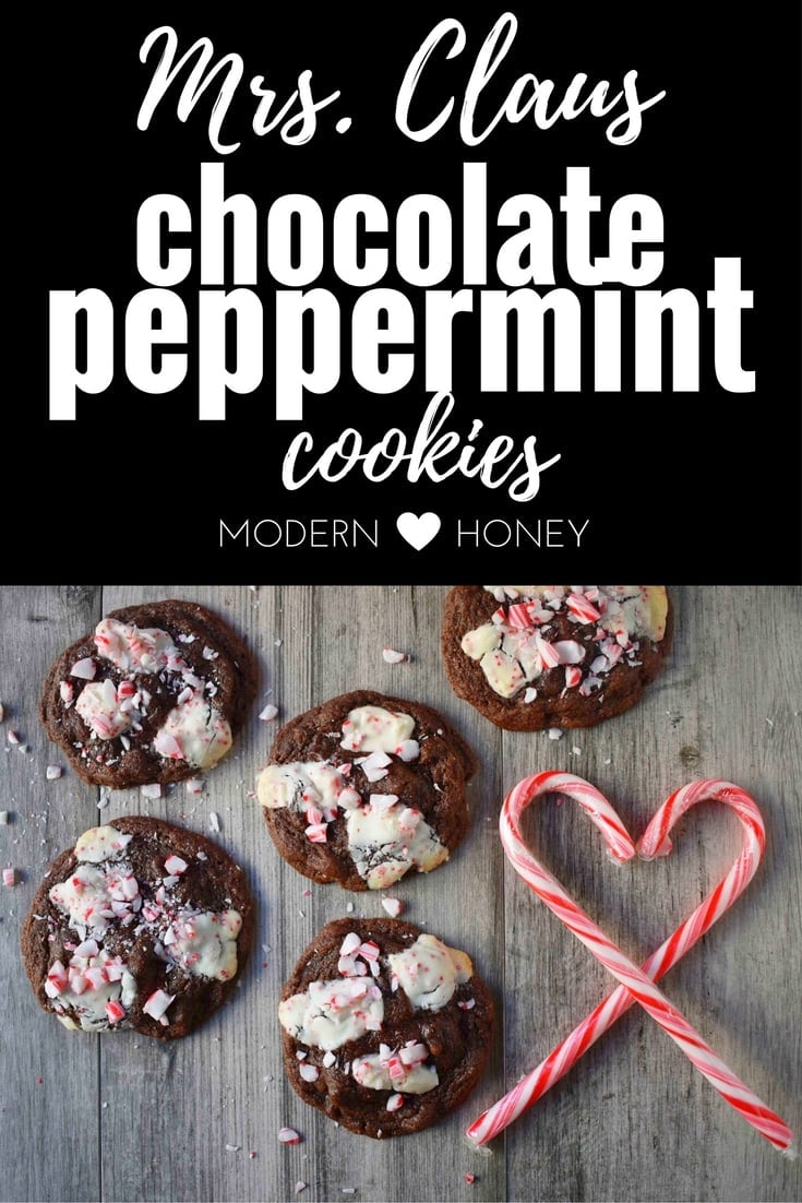 Mrs. Claus Chocolate Peppermint Cookies by Modern Honey. Rich chocolate chunks cookies with peppermint bark and candy canes. The most popular Christmas cookie!