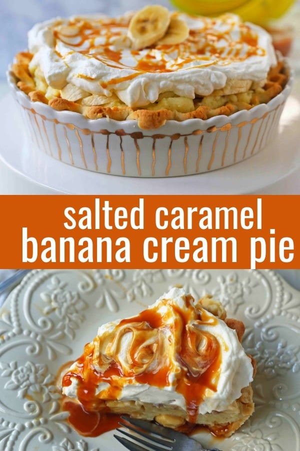 Salted Caramel Banana Cream Pie. Homemade banana cream pie with salted caramel. www.modernhoney.com #bananacreampie #caramelbananacreampie #thanksgivingpie #thanksgiving #pie #pierecipes