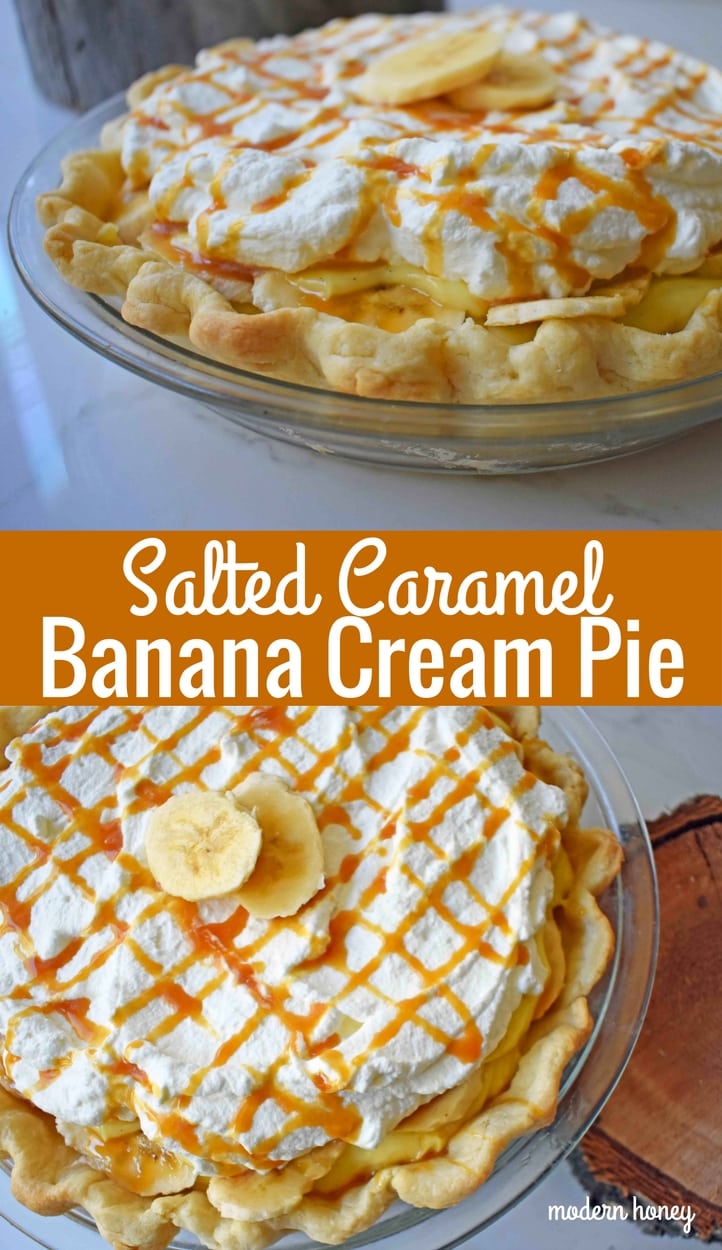 Salted Caramel Banana Cream Pie. Rich vanilla custard pie topped with fresh bananas, in a buttery flaky crust. Fresh whipped cream and salted caramel top this banana cream pie. www.modernhoney.com